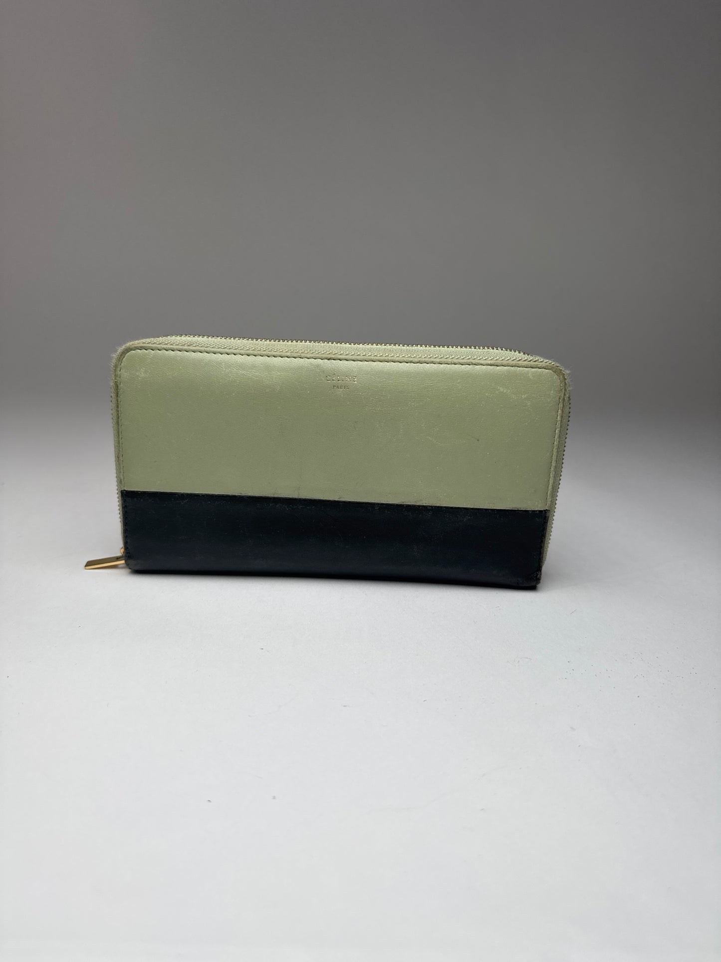 Vintage Celine Triomphe Leather Wallet Green Black