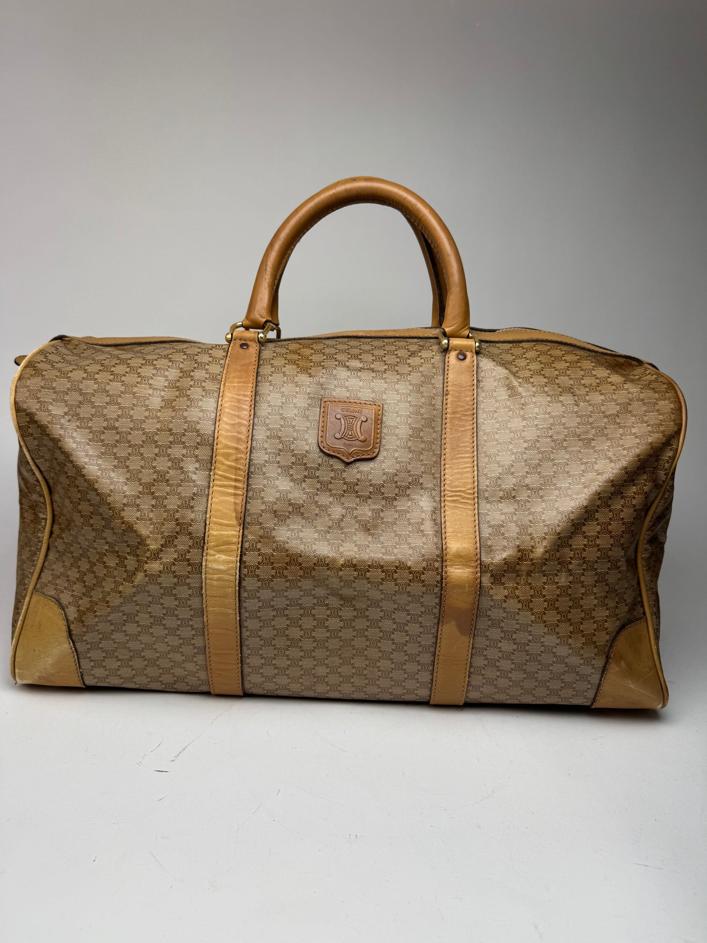 Vintage Celine Paris Triomphe Leather Monogram Duffel Bag bag gold brown