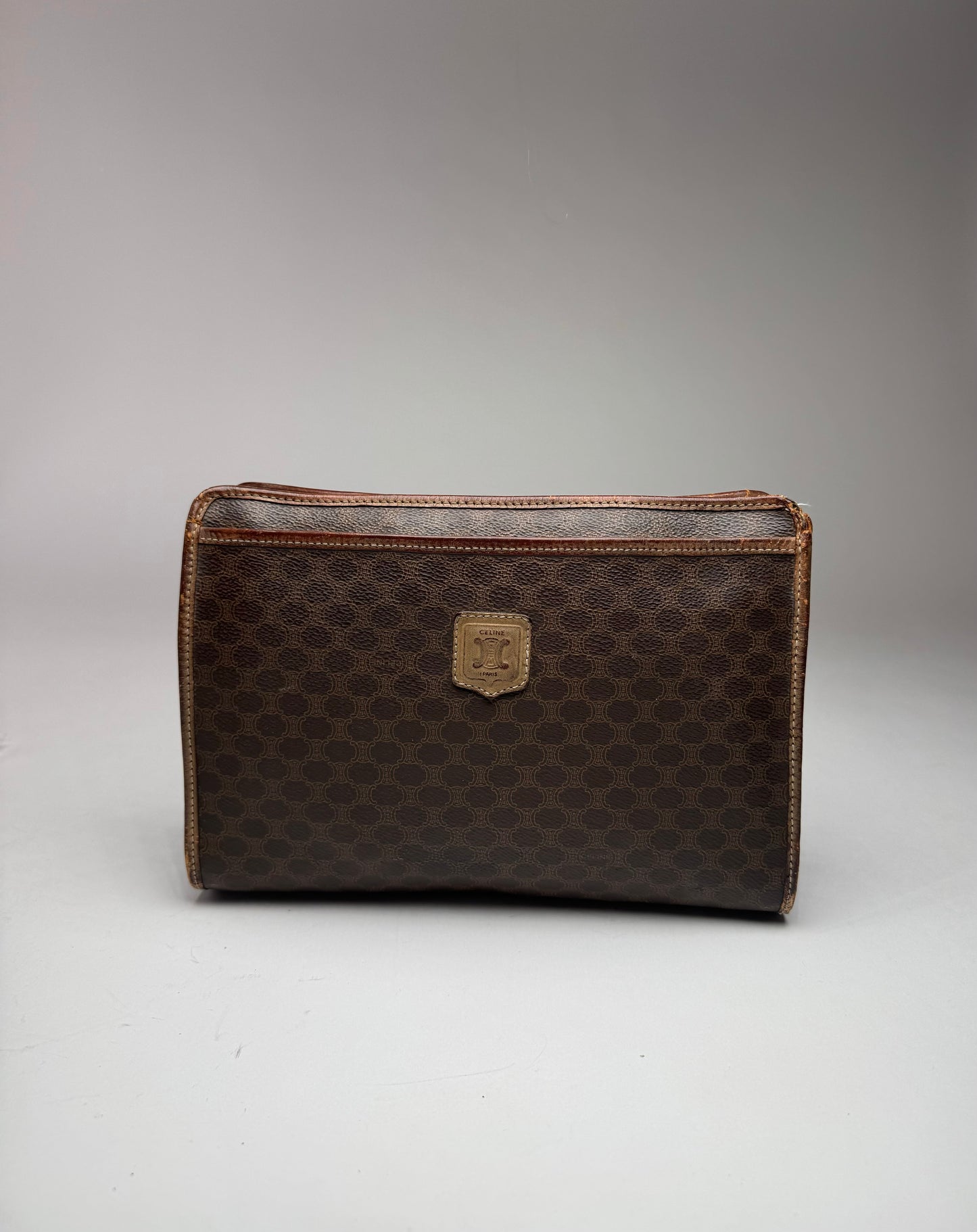 Vintage Celine Paris Triomphe Monogram Leather Clutch Brown
