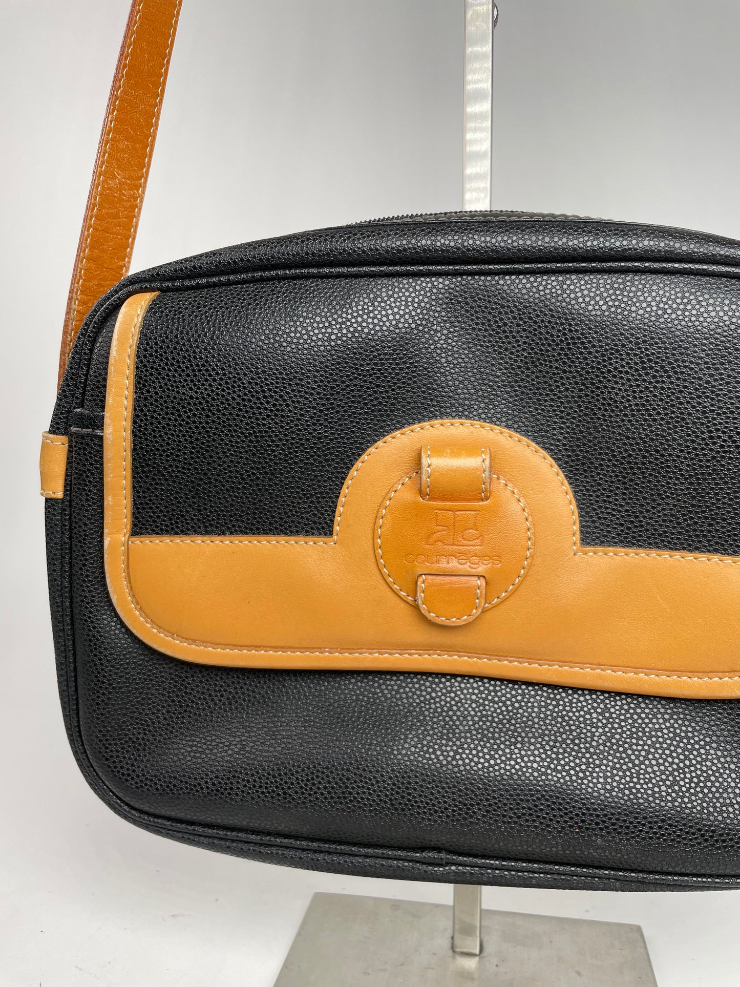 Vintage Courreges Paris Leather Crossbody Bag Black Brown