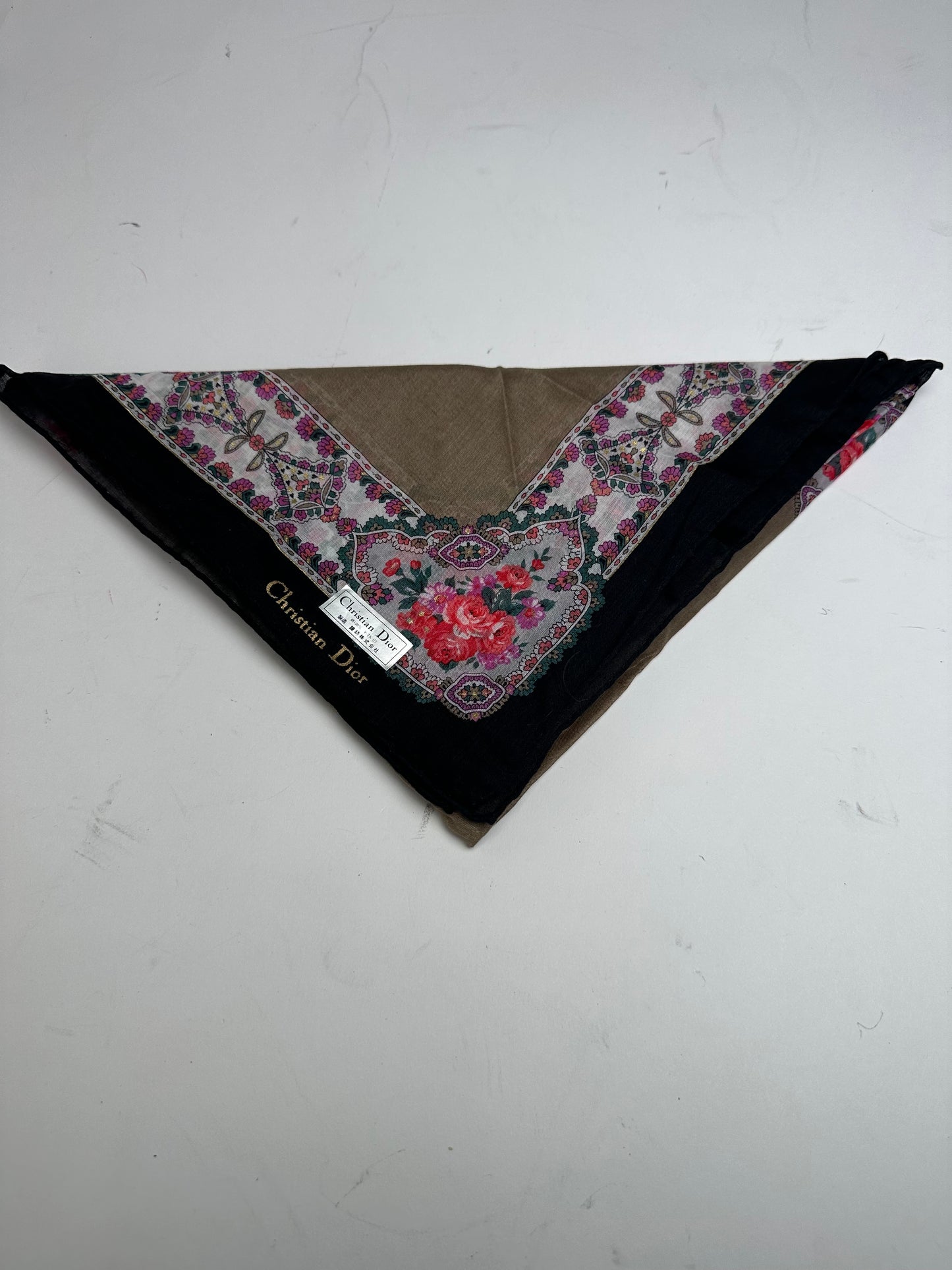 Vintage Dior Floral Scarf Brown Navy White