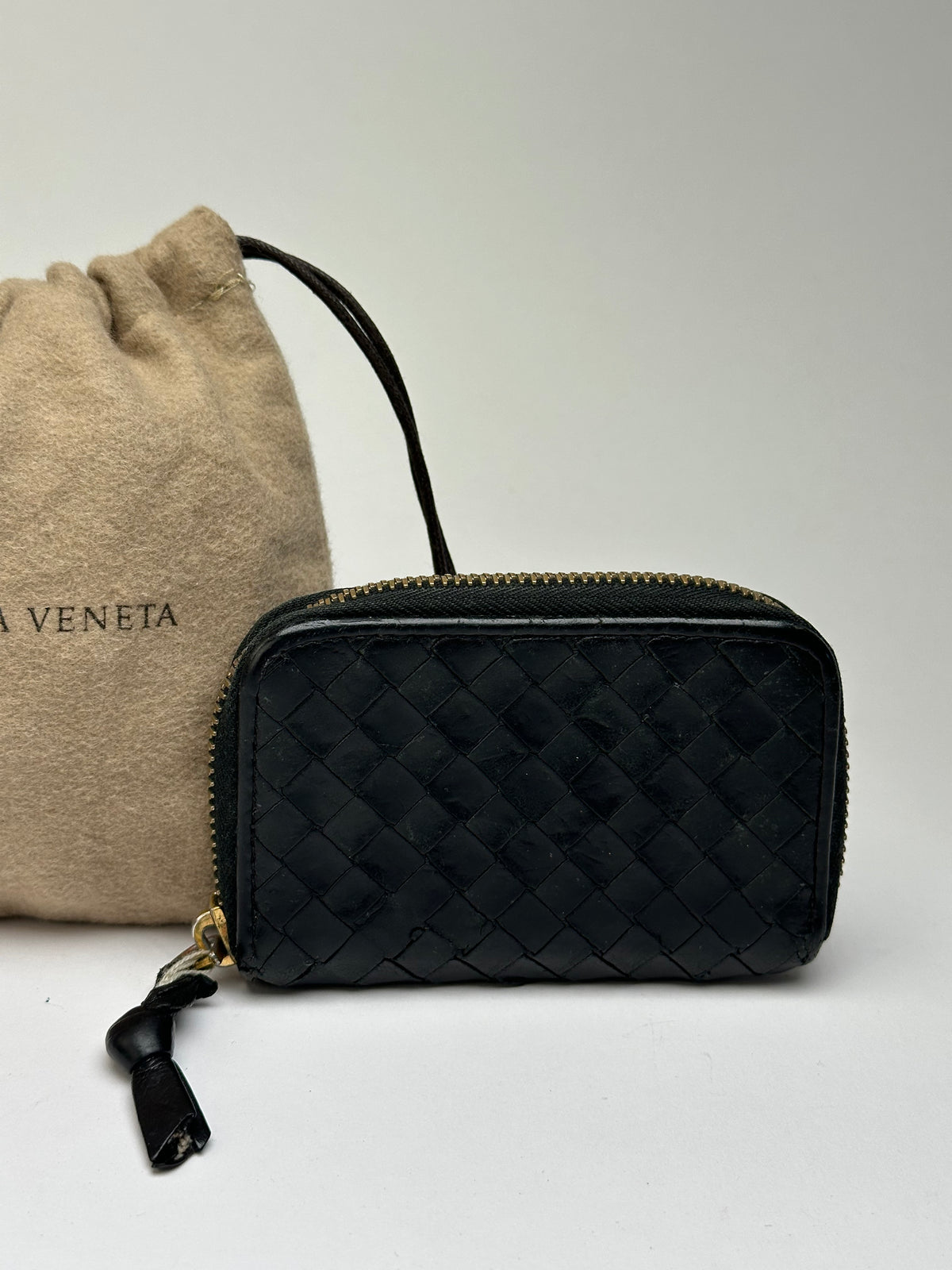 Vintage Bottega Veneta Intrecciato Woven Zip Wallet Black Gold