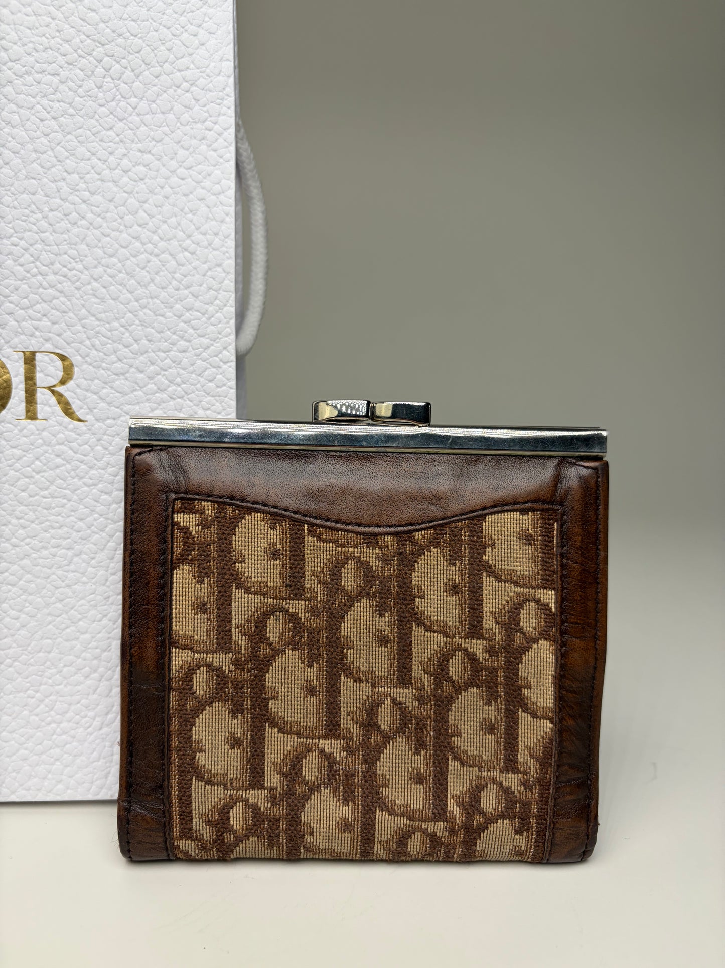 Vintage Dior Oblique Canvas Wallet Brown Beige Silver