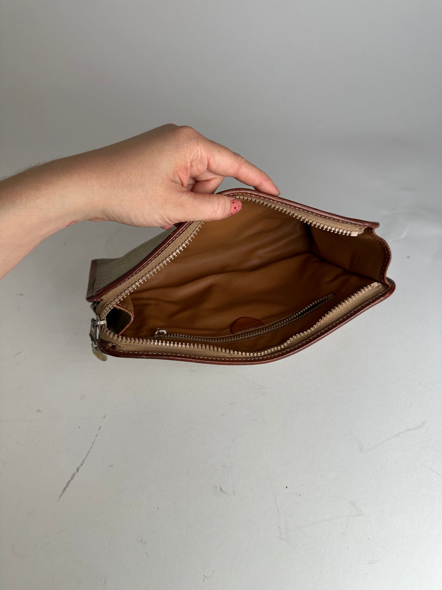 Vintage Celine Paris Triomphe Monogram Leather Clutch Beige Brown