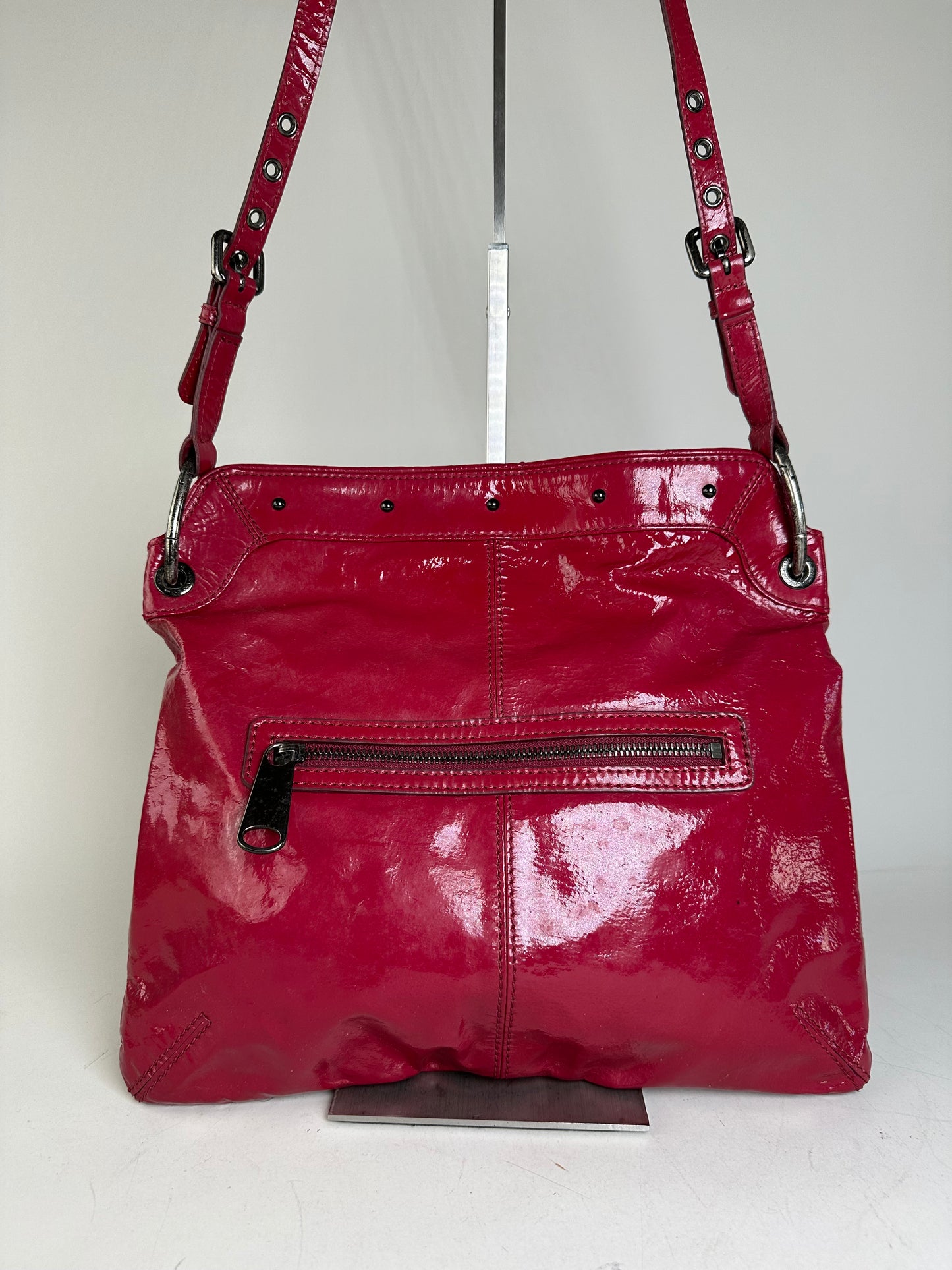 Vintage Burberry Patent Leather Shoulder Bag Red Silver