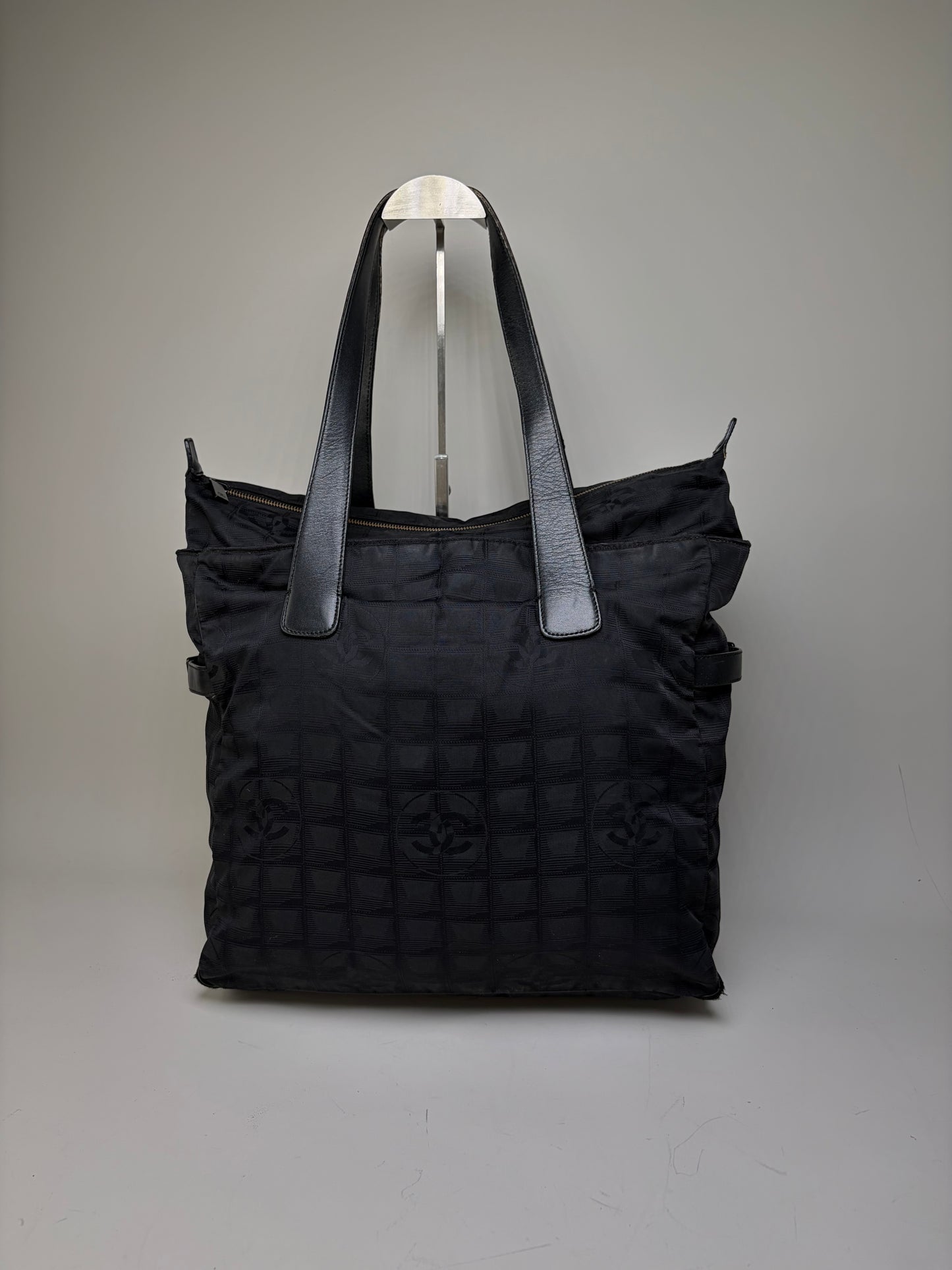 Vintage Chanel CC Logo Nylon Tote Black Silver