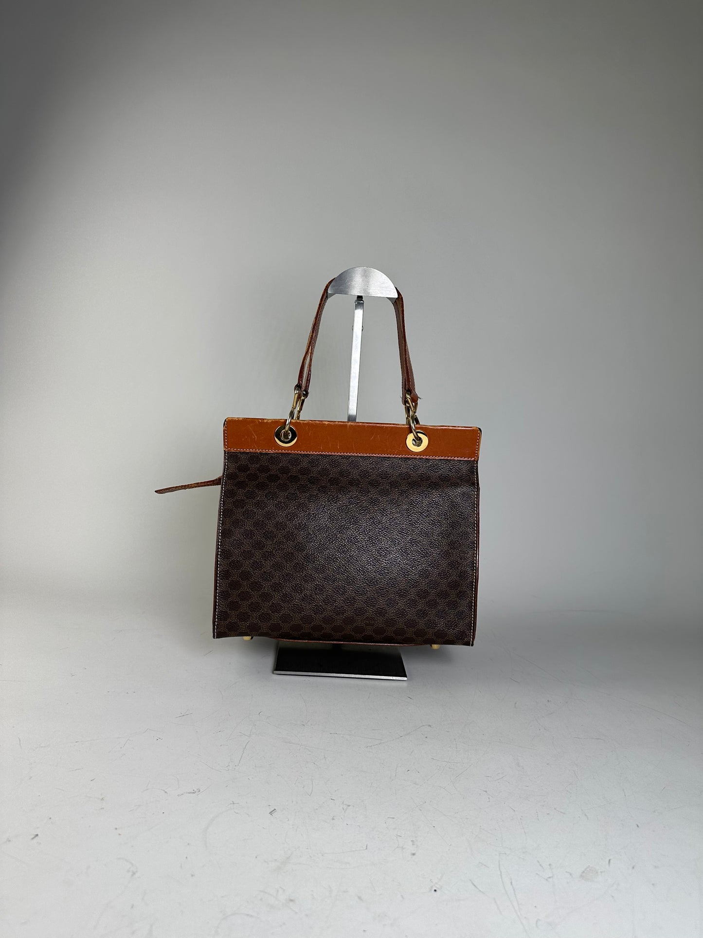 Vintage Celine Coated Canvas Handbag Brown Tan Gold