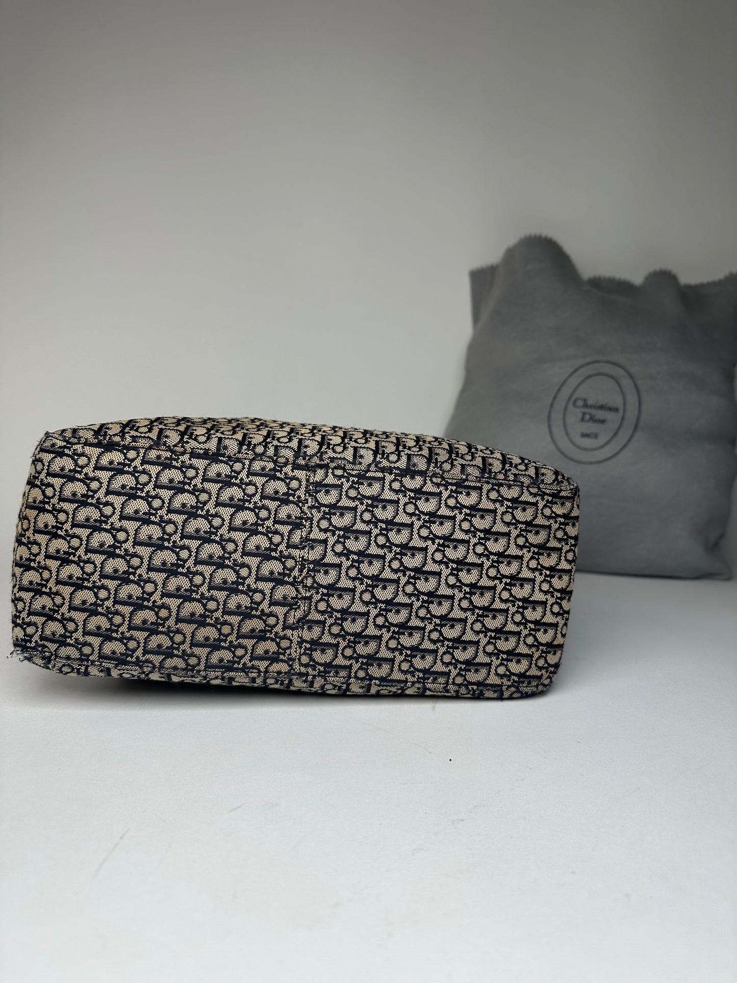 Vintage Dior Oblique Monogram Canvas Leather Tote Bag Beige Navy