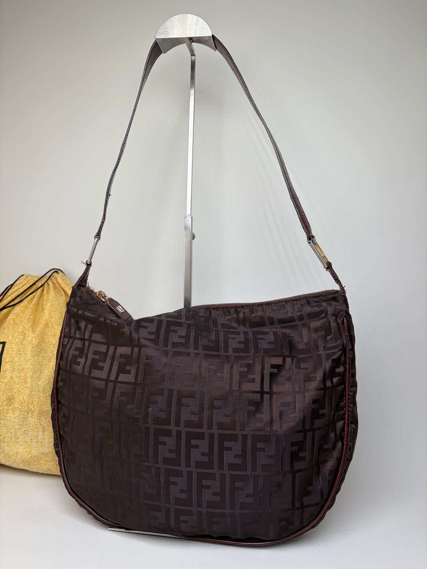 Vintage Fendi FF Monogram Shoulder Bag Dark Brown Gold