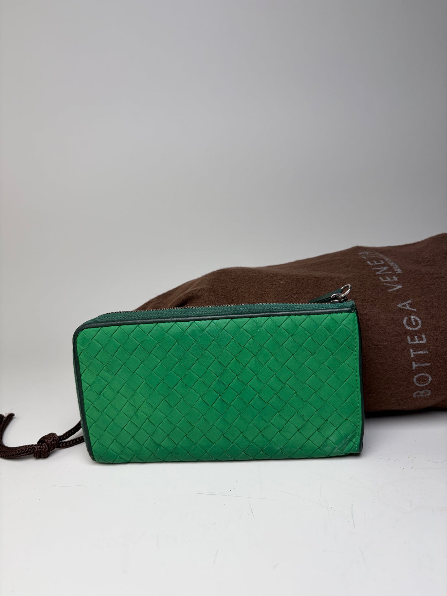 Vintage Bottega Veneta Intrecciato Woven Leather Wallet Emerald Green