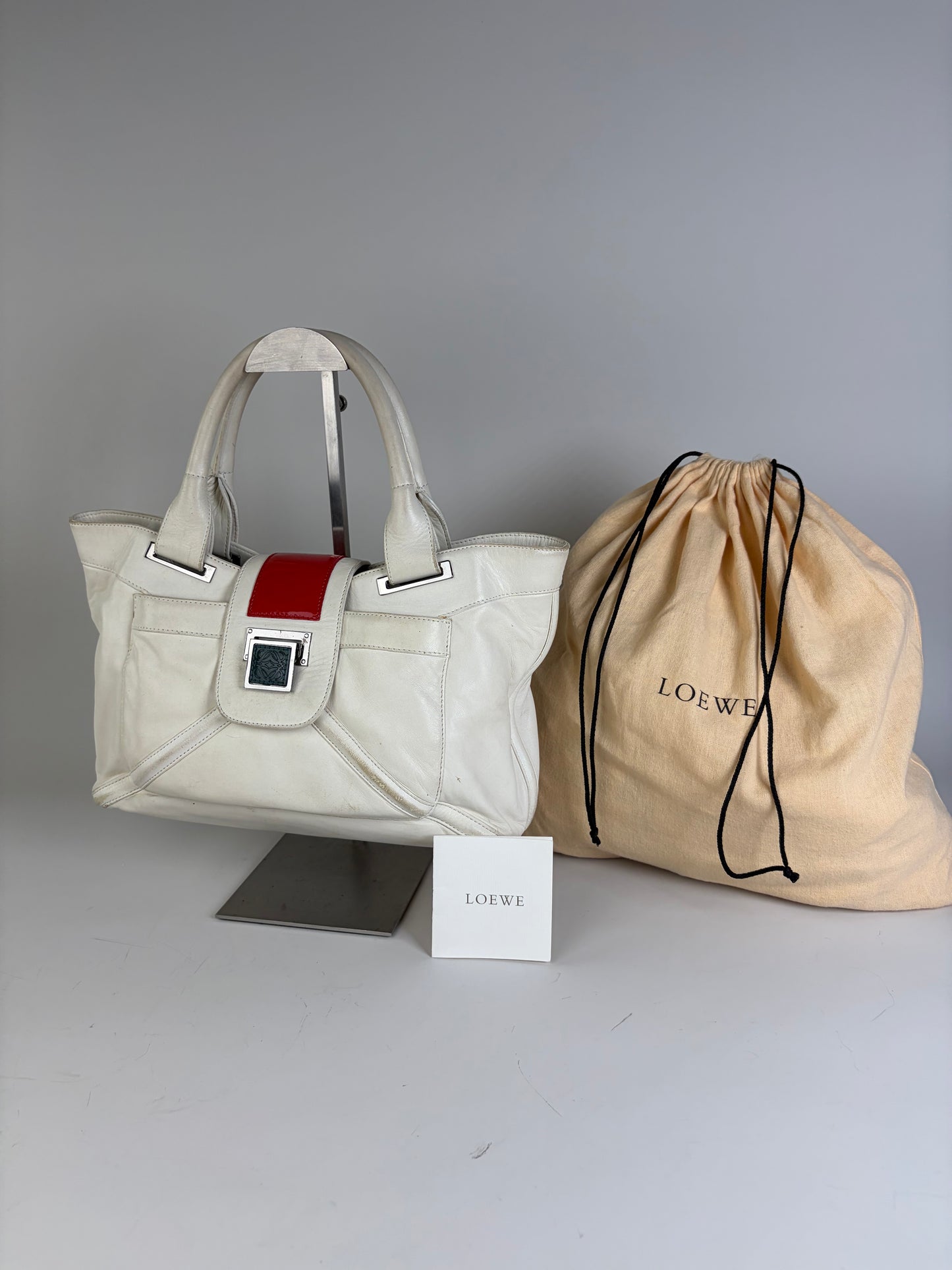 Vintage Loewe Bicolor Leather Handbag White Red Silver