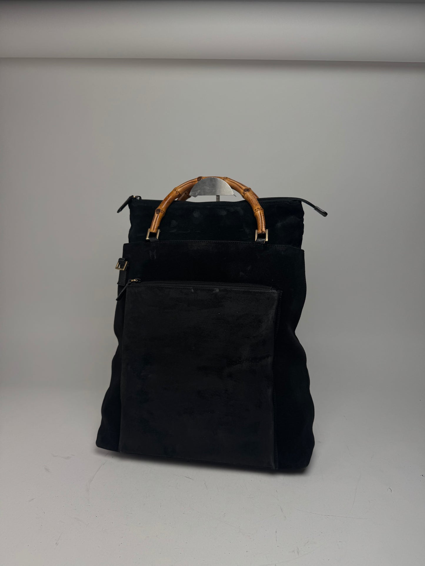 Vintage Gucci Bamboo Top Handle Suede Leather Bag black