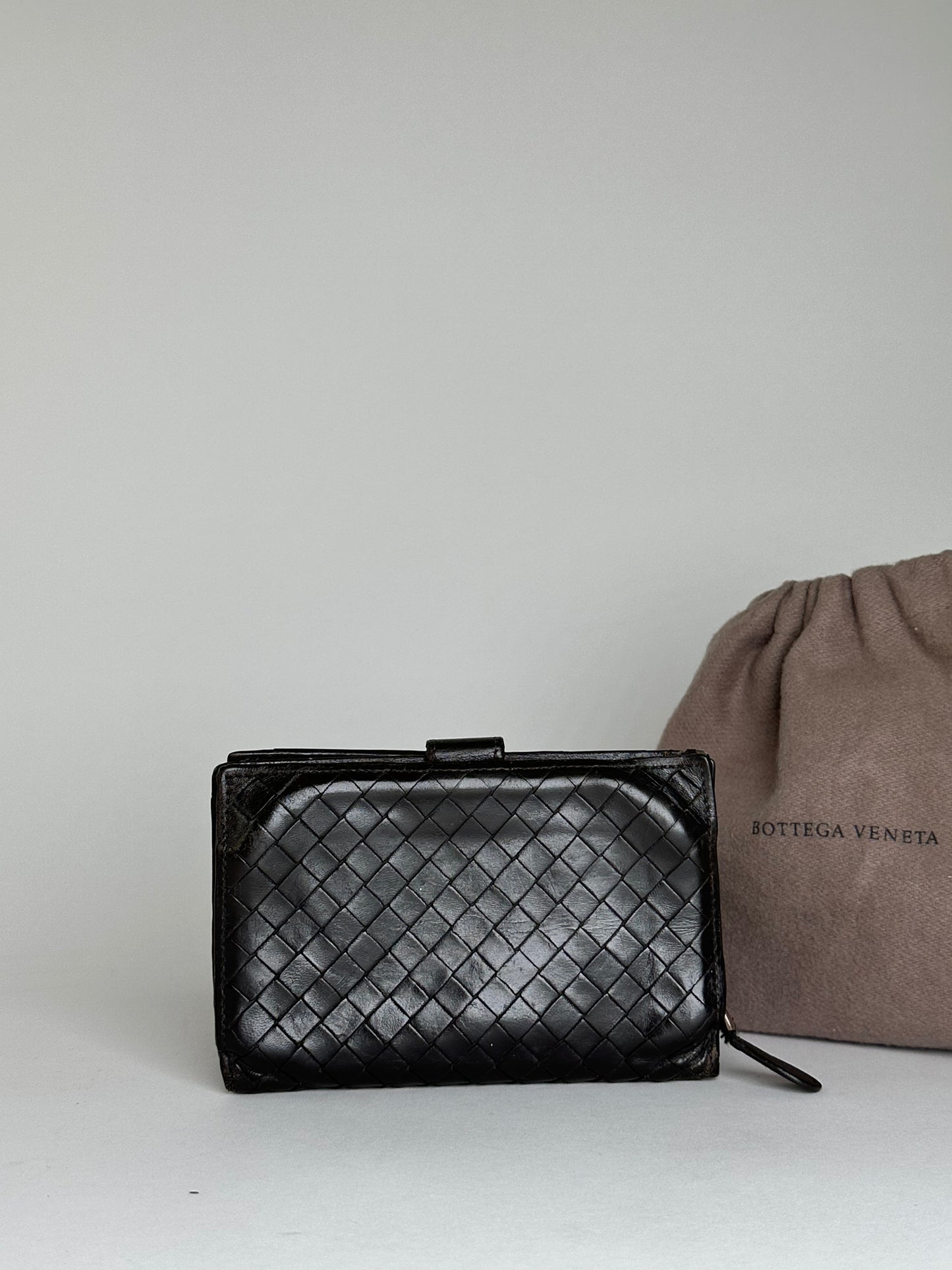 Vintage Bottega Veneta Woven Leather Wallet Black Silver