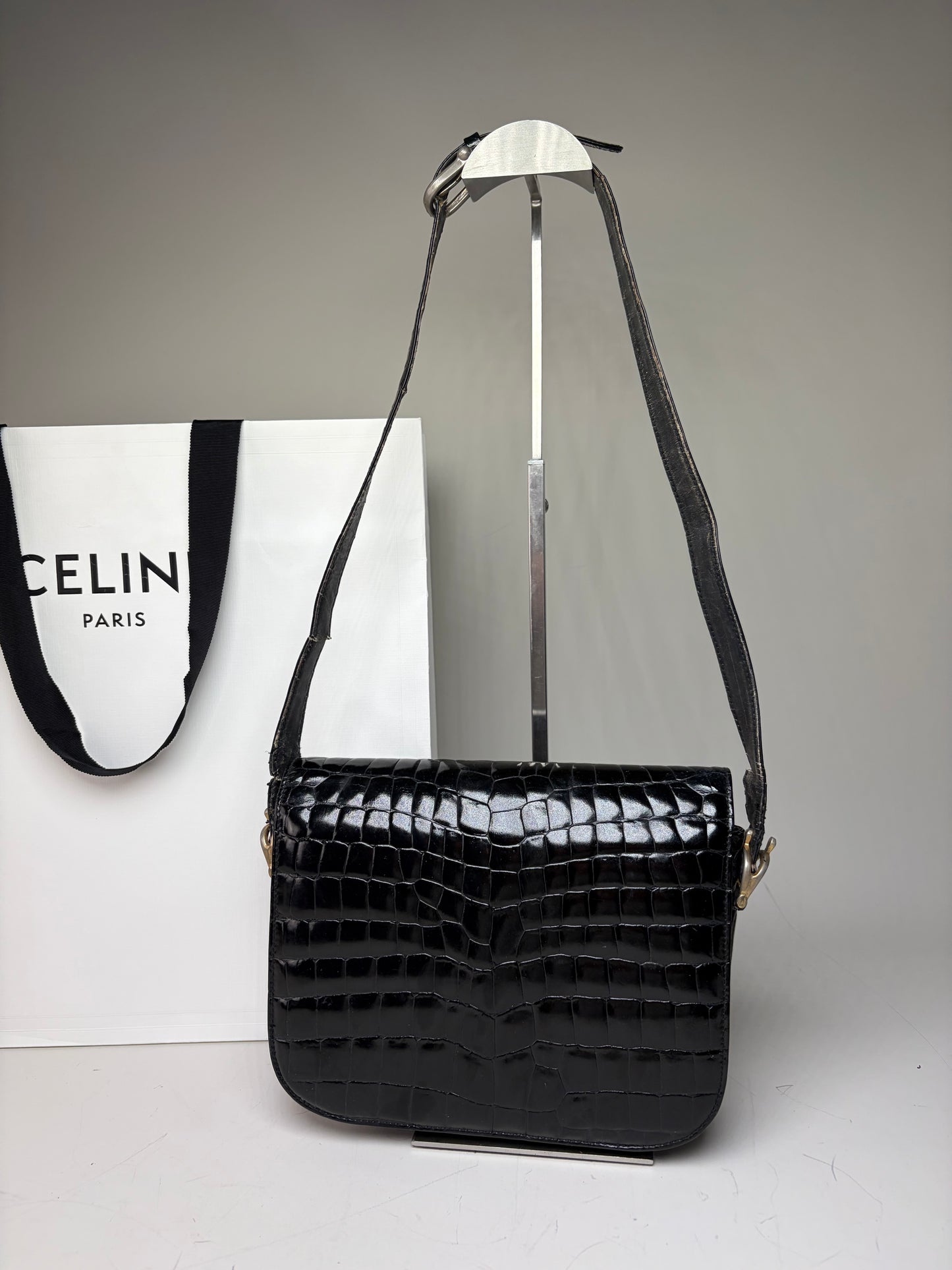 Vintage Celine Crocodile-Embossed Leather Shoulder Bag Black Gold