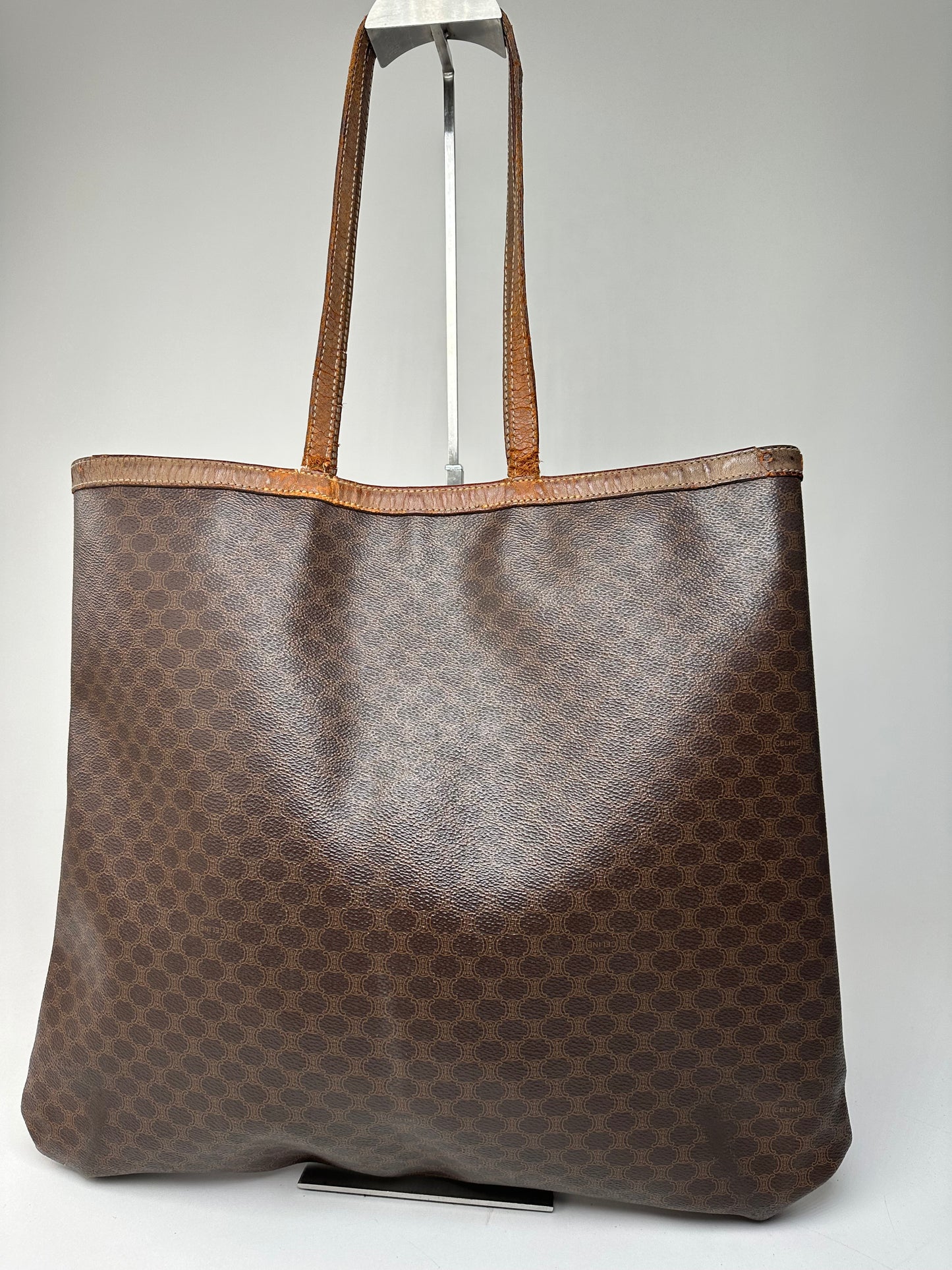 Vintage Celine Paris Triomphe Monogram Leather Tote Bag Brown