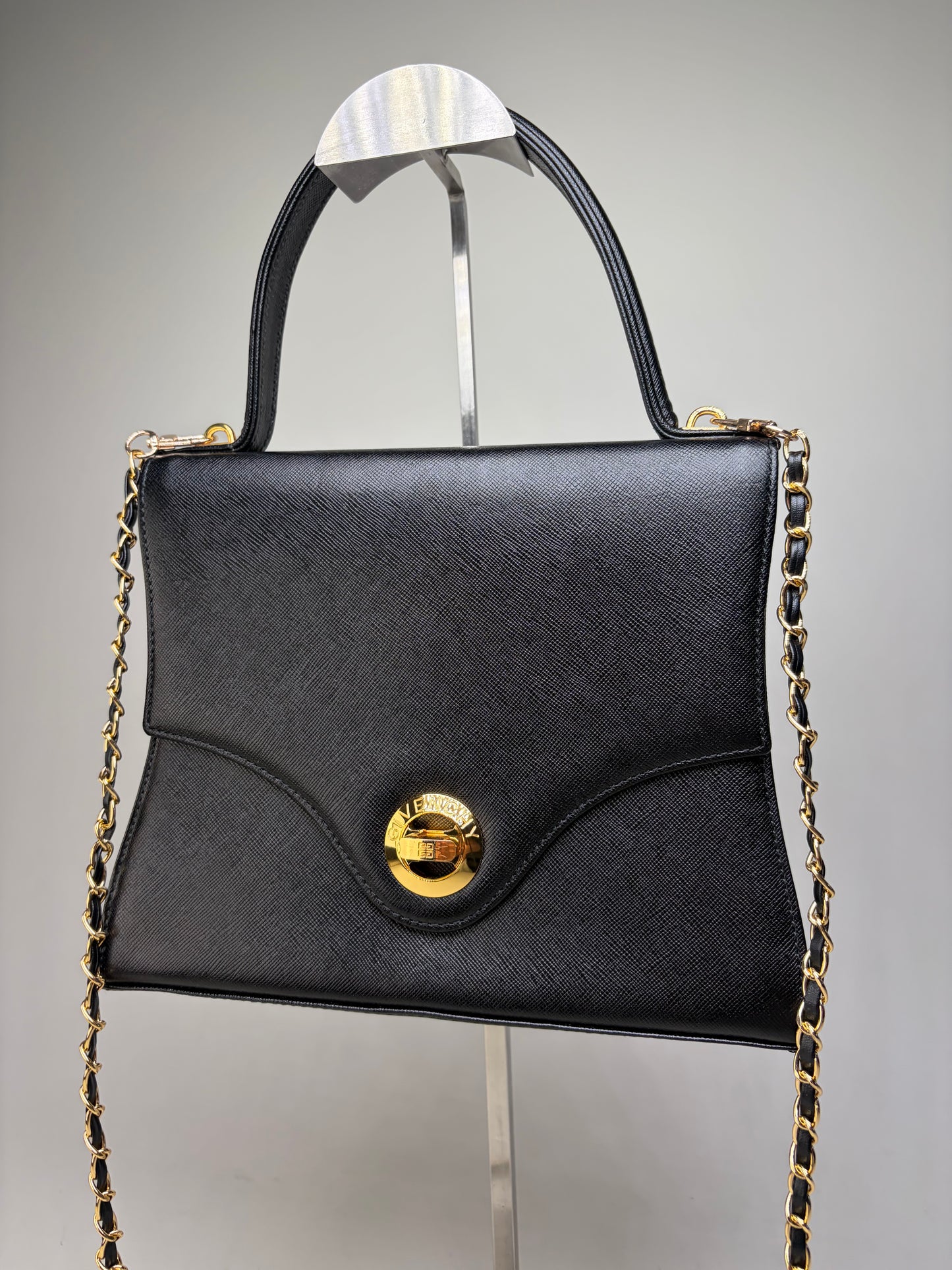 Vintage Givenchy Textured Leather Shoulder Bag Black Gold