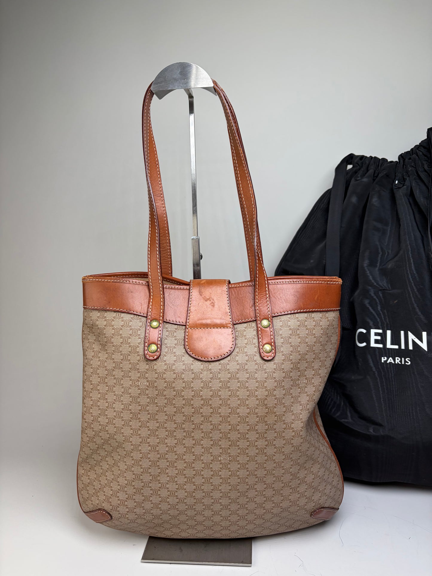 Vintage Celine Monogram Canvas Tote Beige Brown Gold