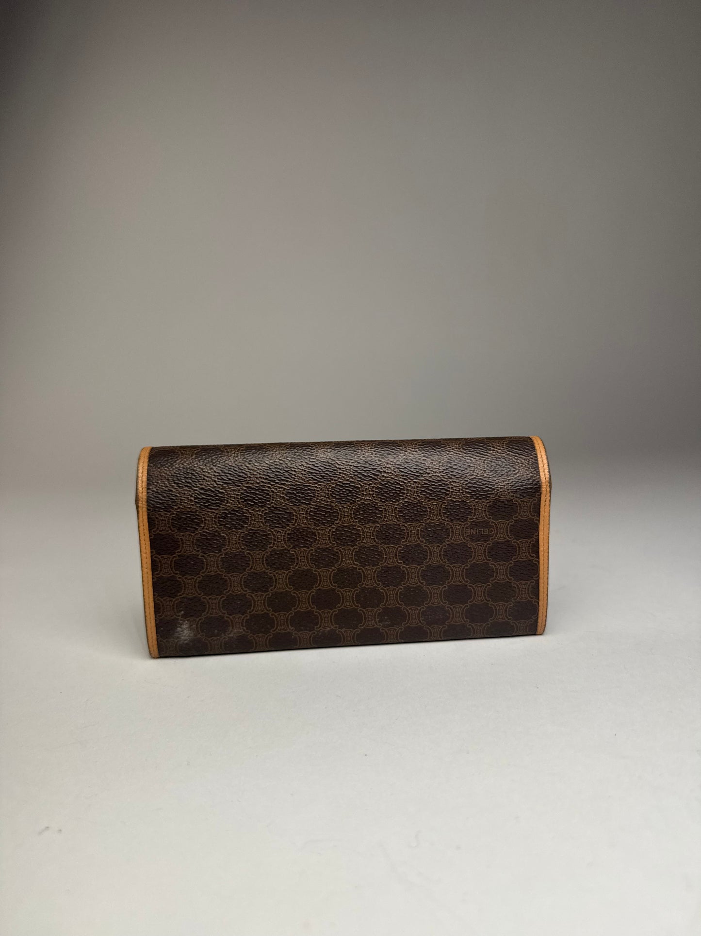 Vintage Celine Paris Triomphe Monogram Leather Wallet Brown