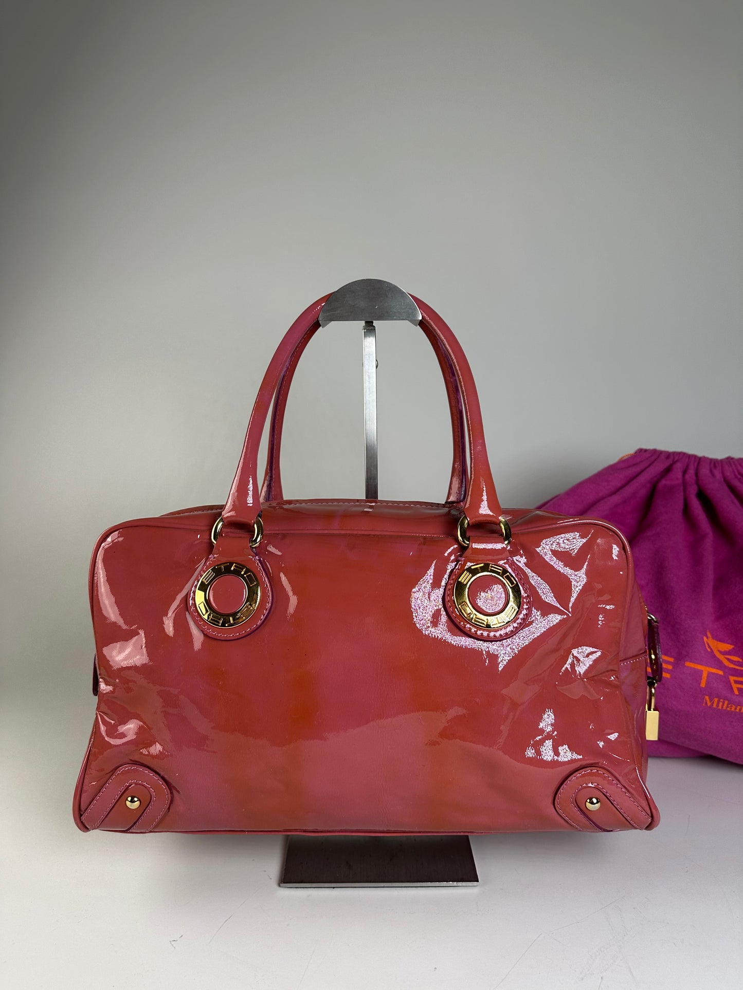 Vintage Etro Patent Leather Handbag Pink Gold