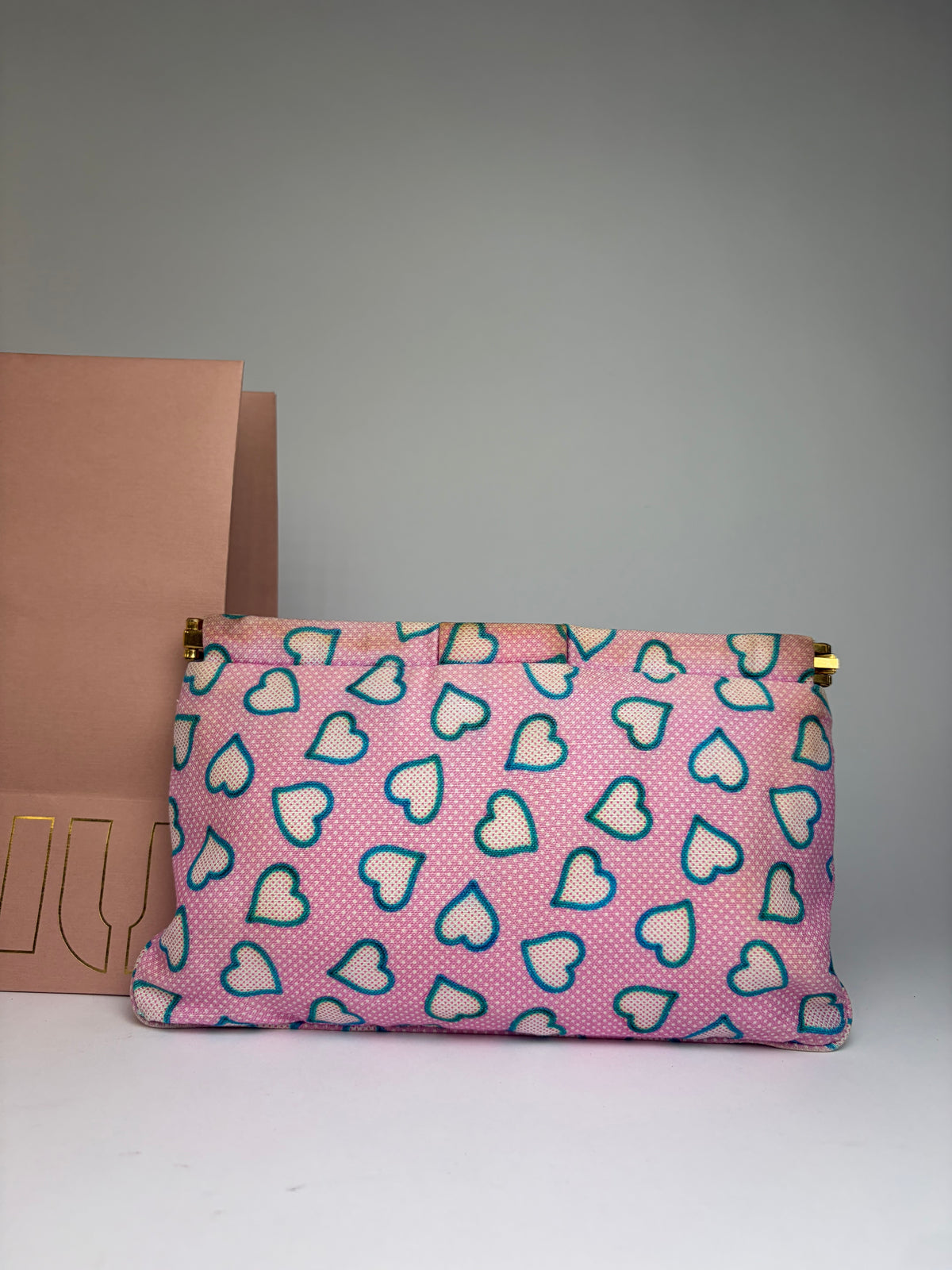 Vintage Miu Miu Heart Print Fabric Pouch c. Mid-2010s Pink Blue