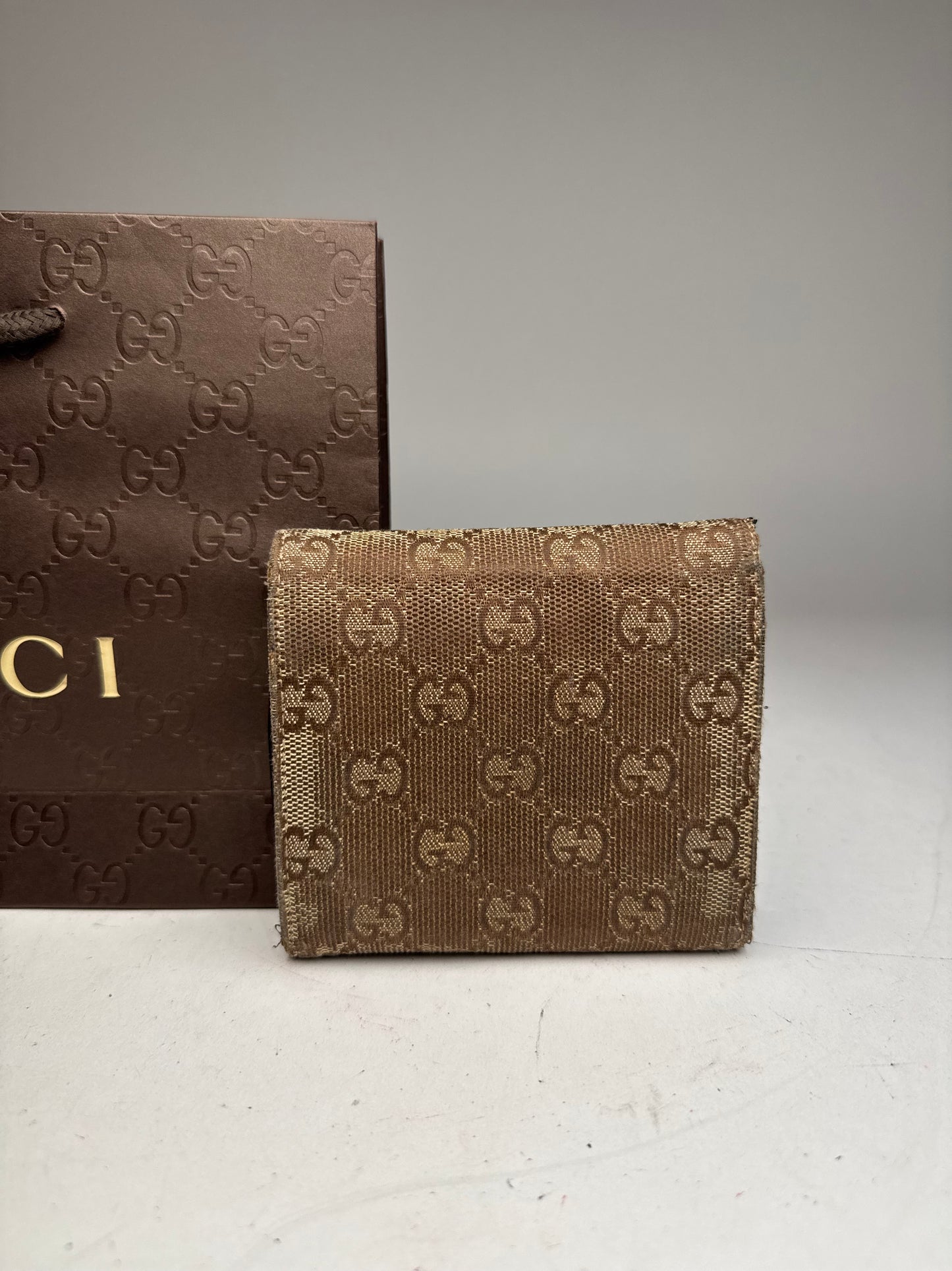Vintage Gucci Monogram Leather Wallet beige brown