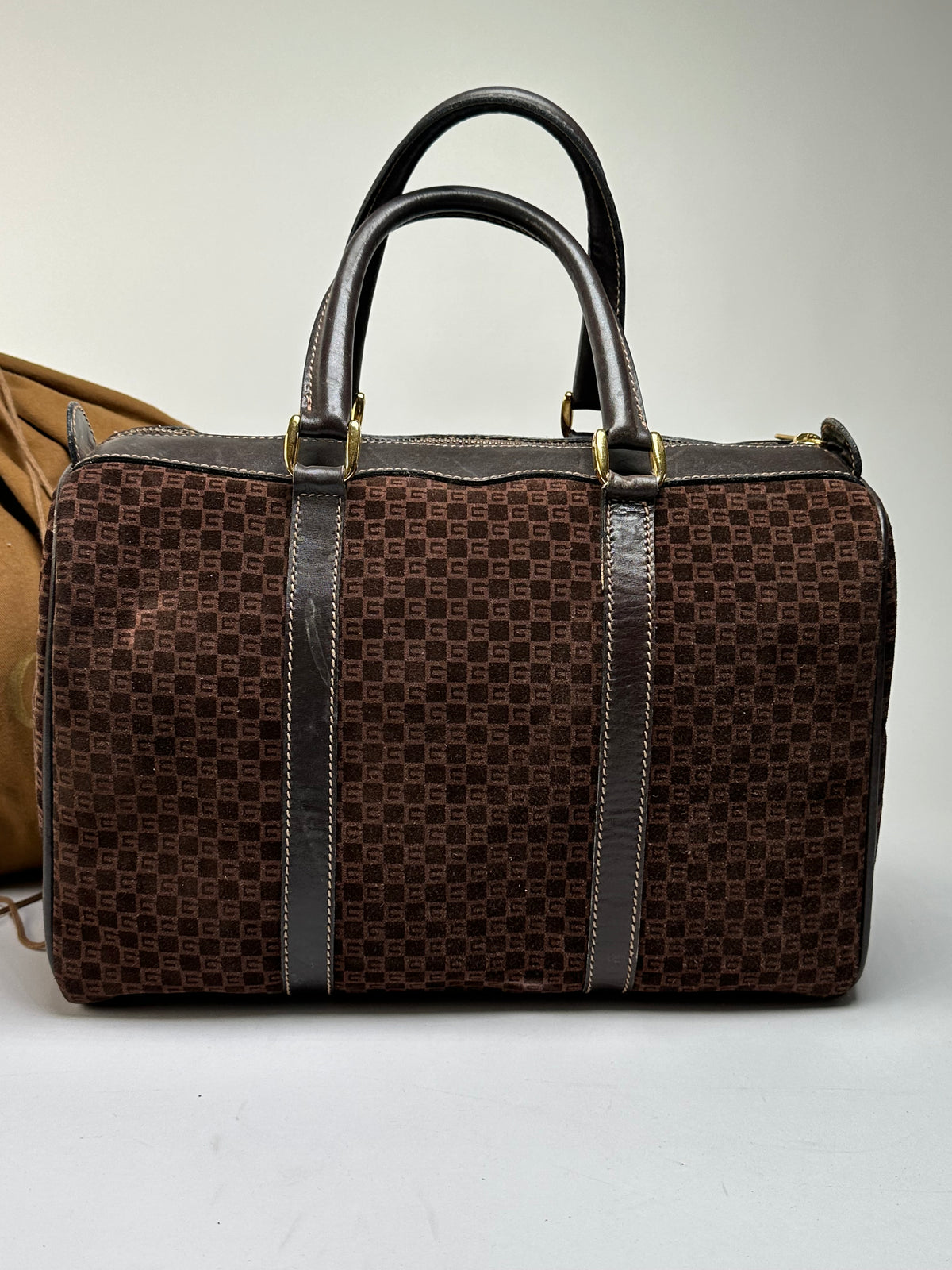 Vintage Gucci GG Monogram Suede Top-Handle Bag Late 1970s Brown
