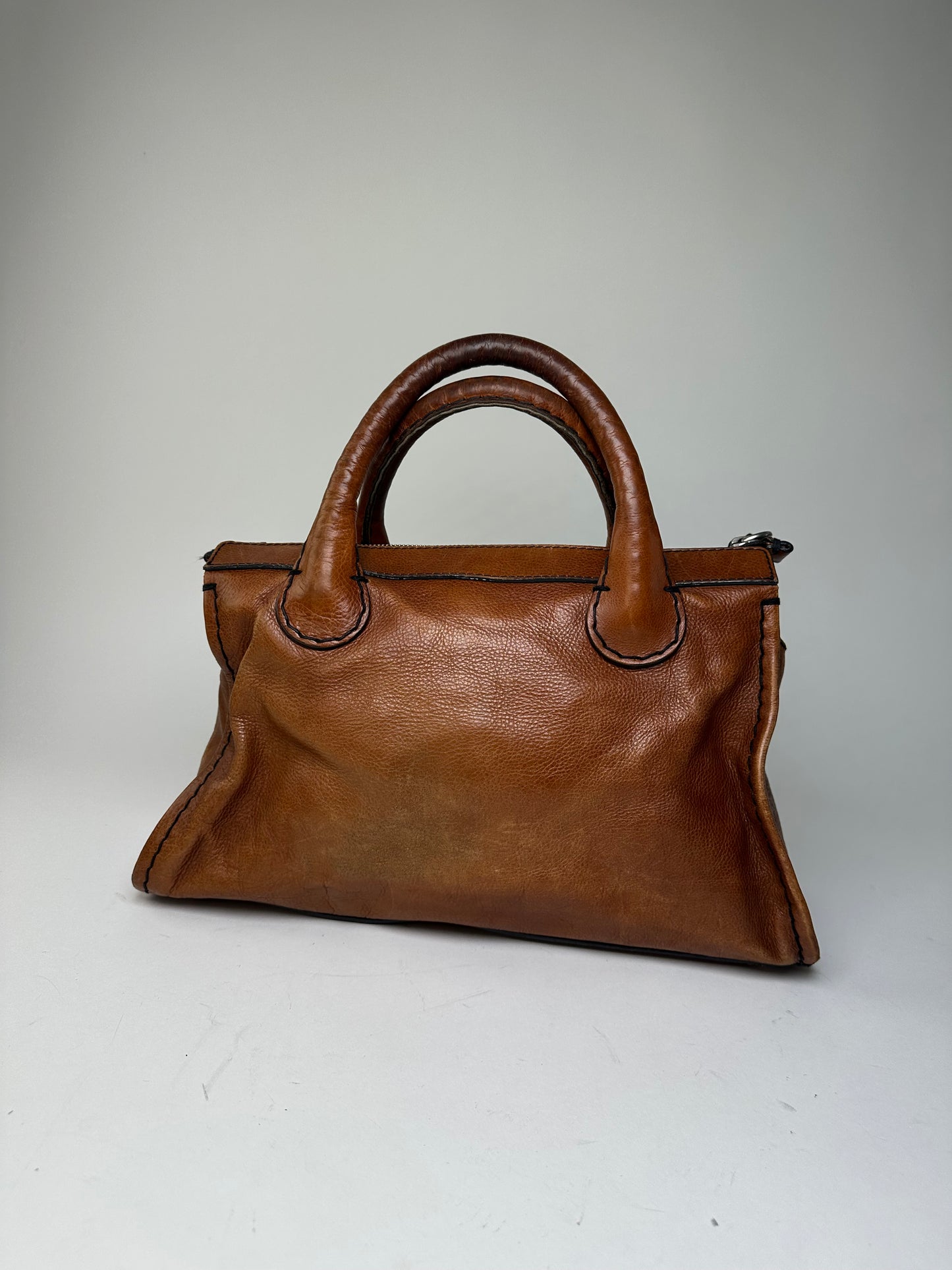 Vintage Chloe Leather Shoulder Bag Cognac Silver