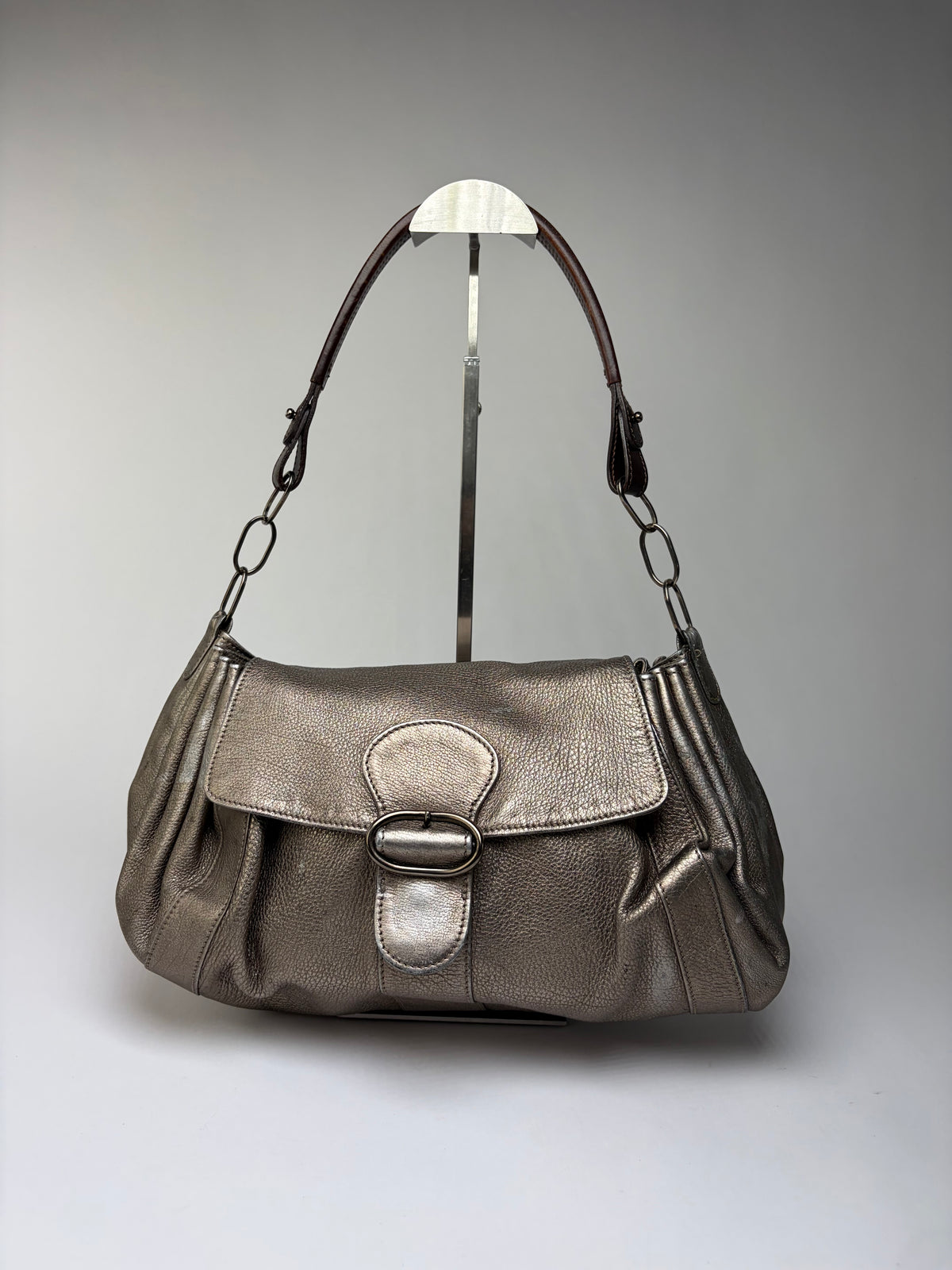 Vintage Marni Metallic Leather Flap Shoulder Bag Silver