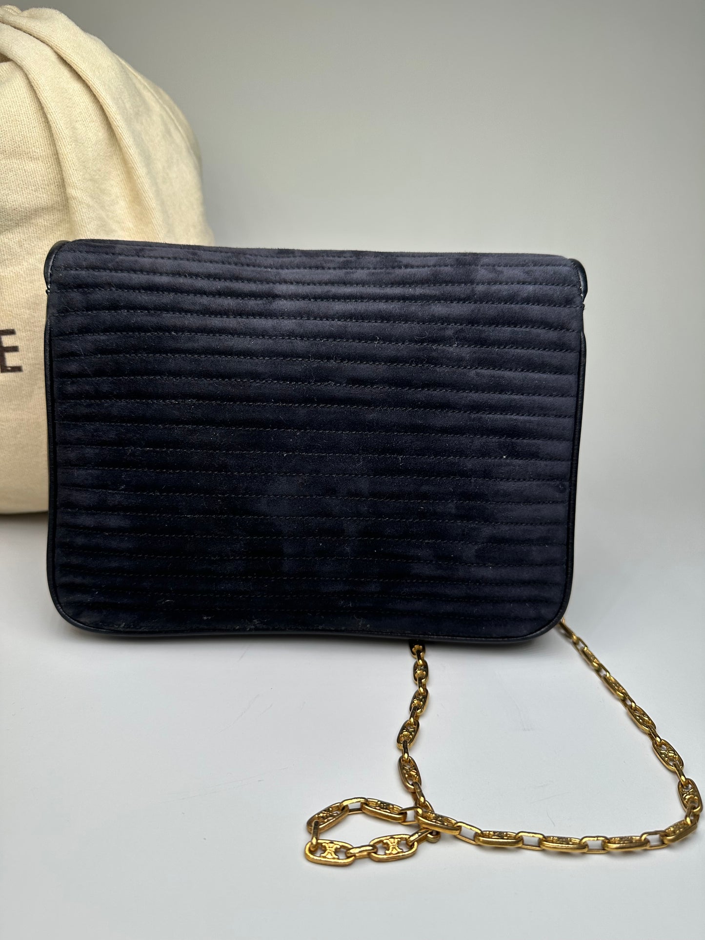 Vintage Celine Leather Chain Shoulder Bag Black Gold