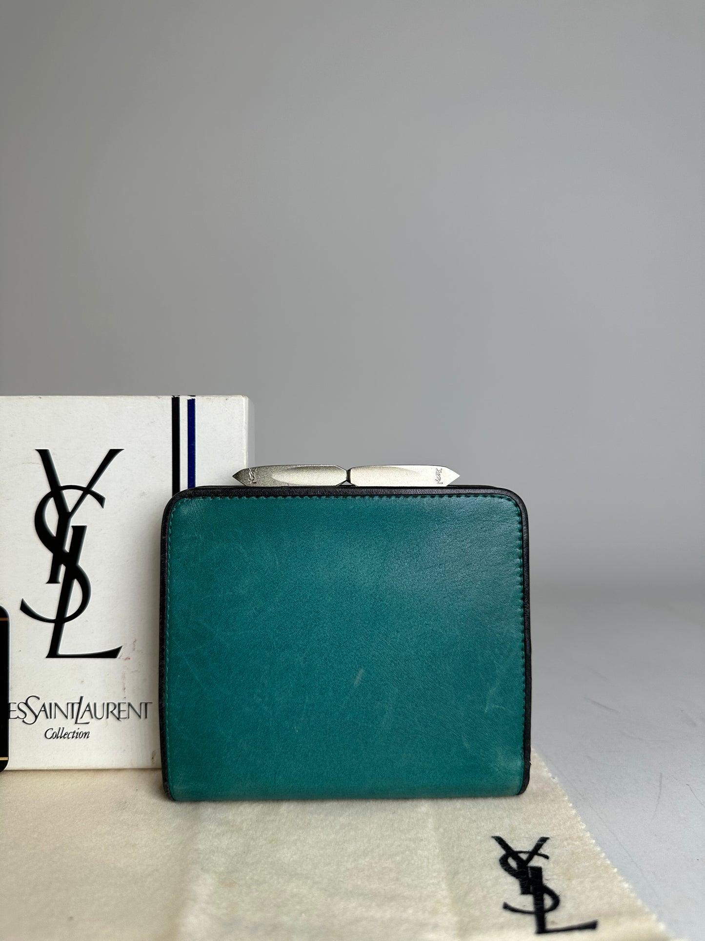 Vintage Yves Saint Laurent Leather Wallet Teal Silver