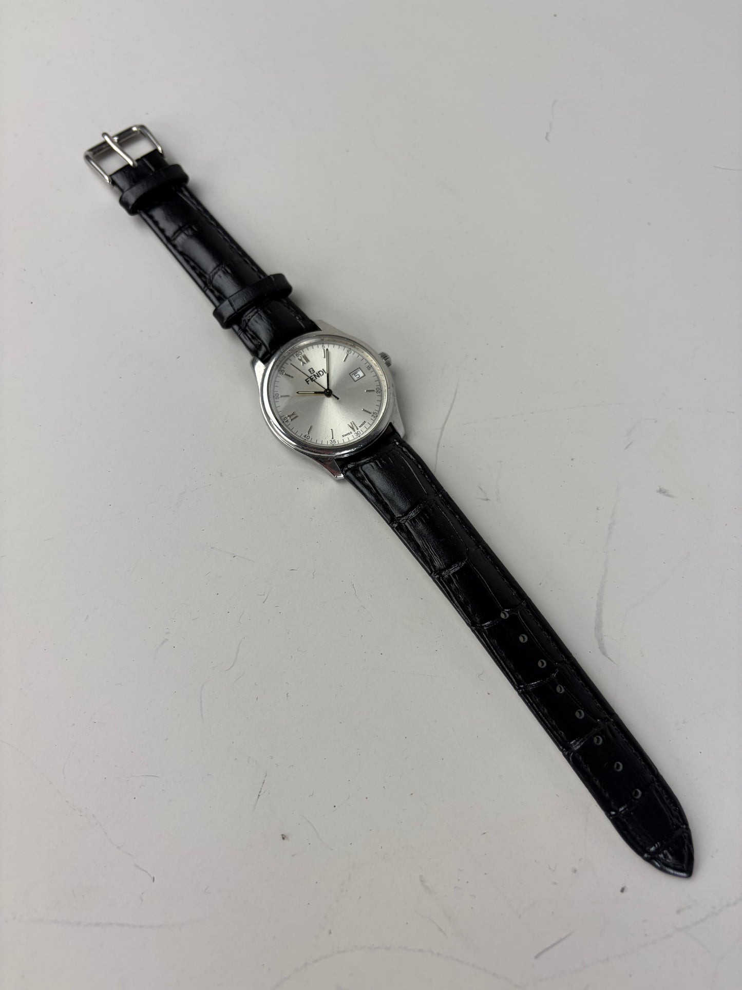Vintage Fendi Stainless Steel Leather Strap Watch Silver Black