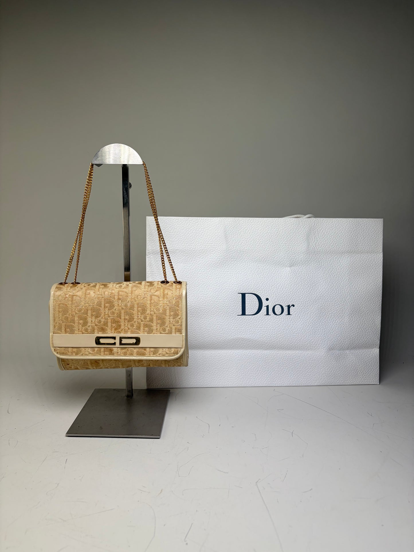 Vintage Dior Monogram Canvas Clutch Bag Cream Light Gold