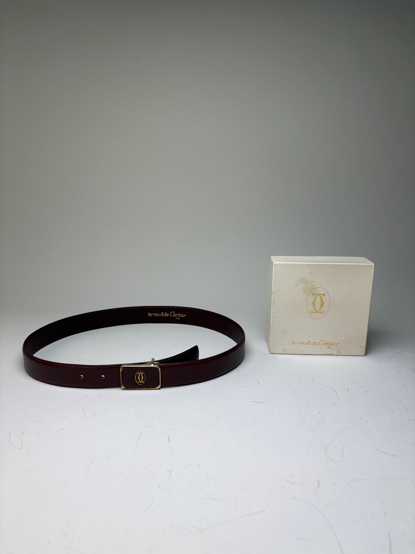 Vintage Cartier Leather Logo Belt Burgundy Gold-tone Buckle