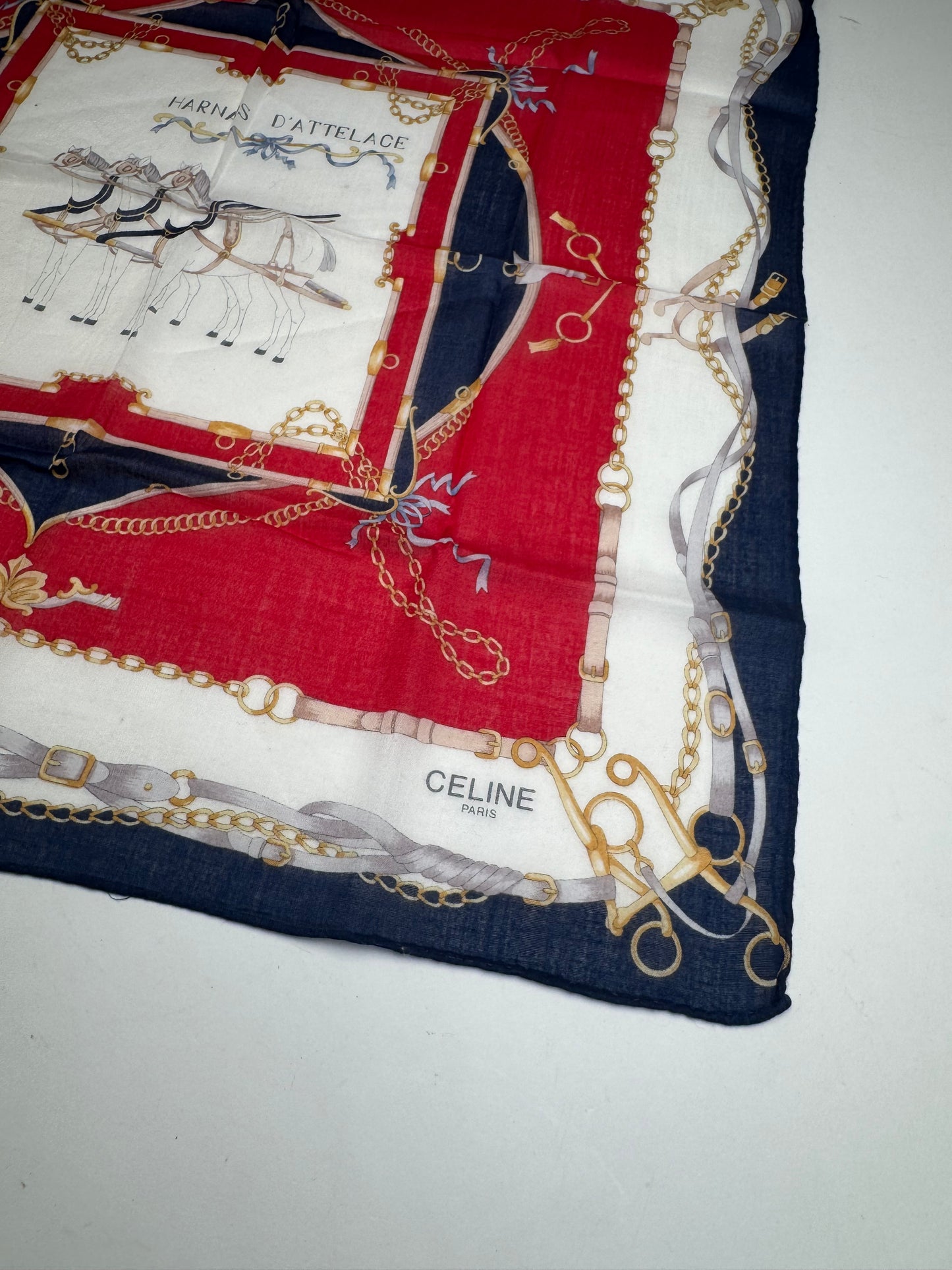 Vintage Celine Equistarian Scarf Navy White Red