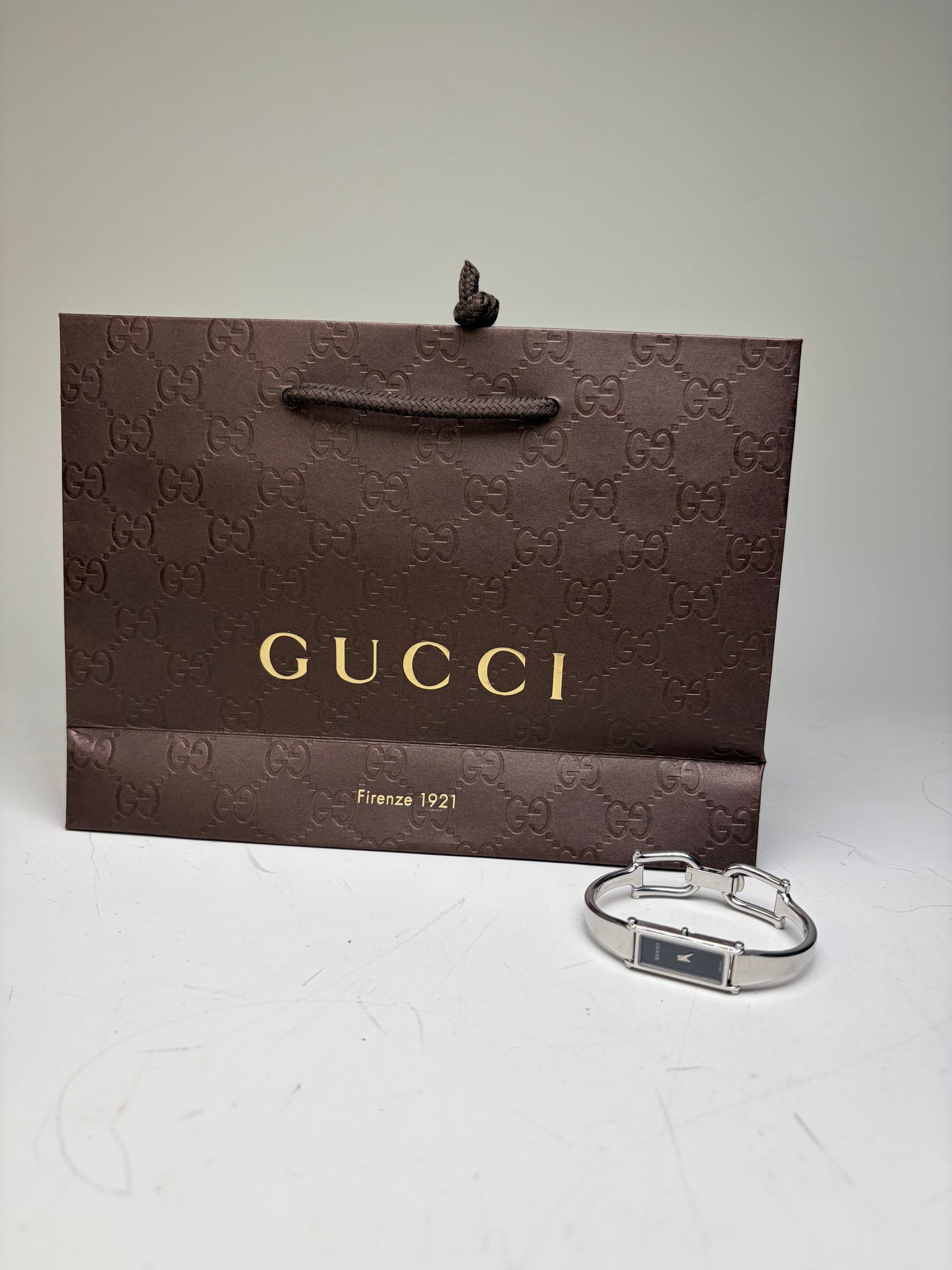 Vintage Gucci Stainless Steel Leather Bracelet Watch Silver Black