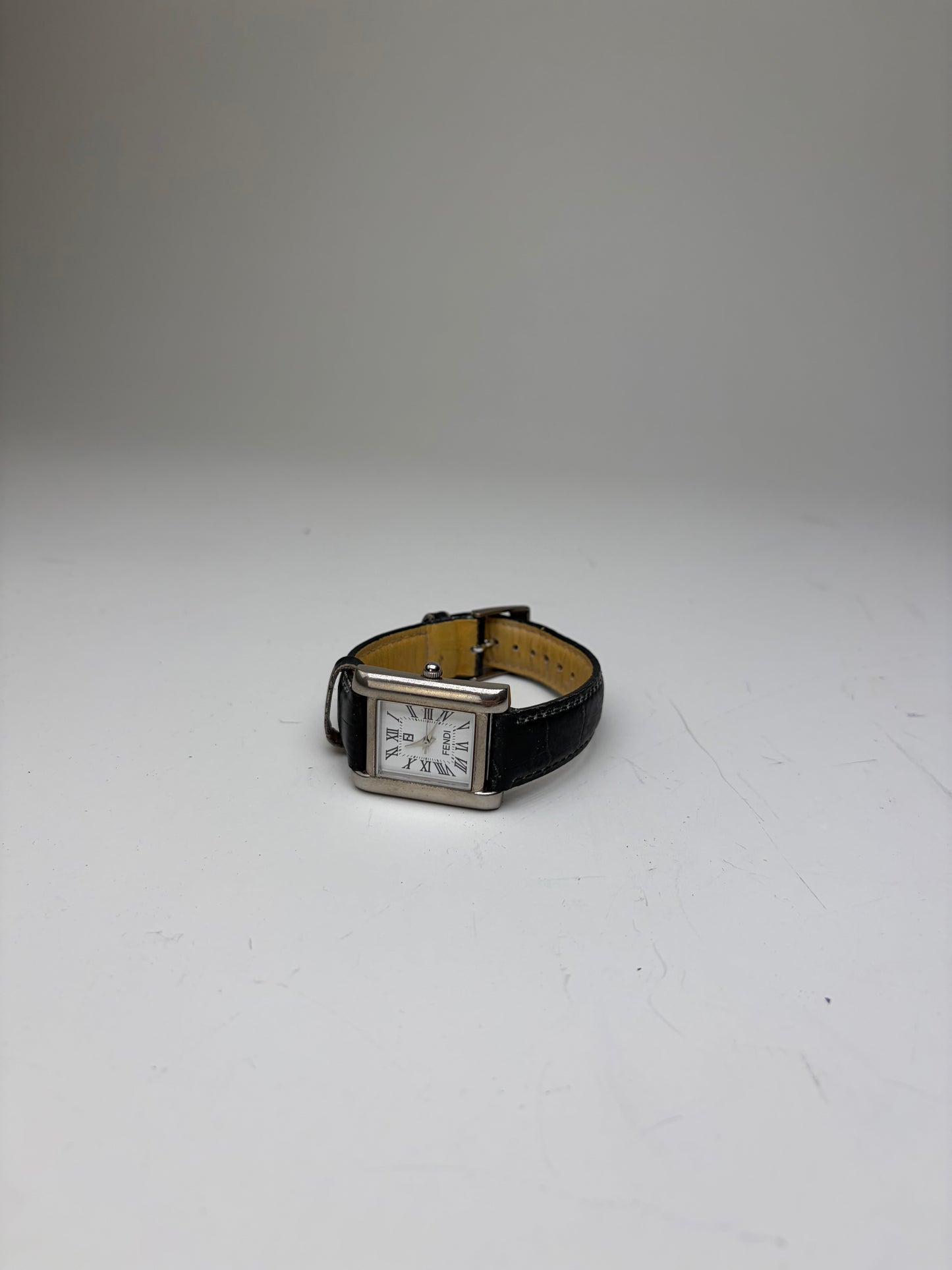 Vintage Fendi Stainless Steel Leather Strap Watch Black White