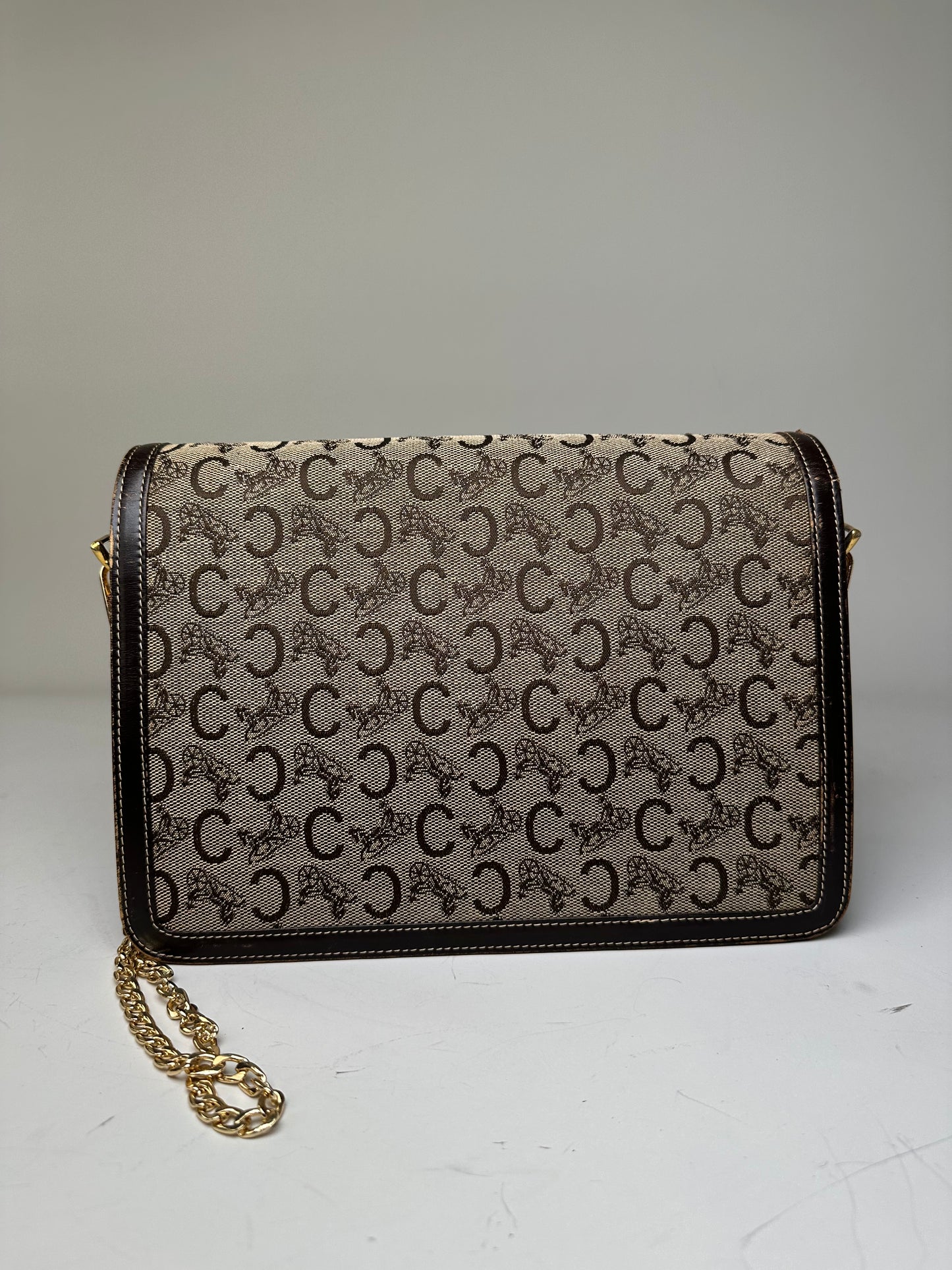 Vintage Celine C Logo Canvas Shoulder Bag Beige Brown Gold
