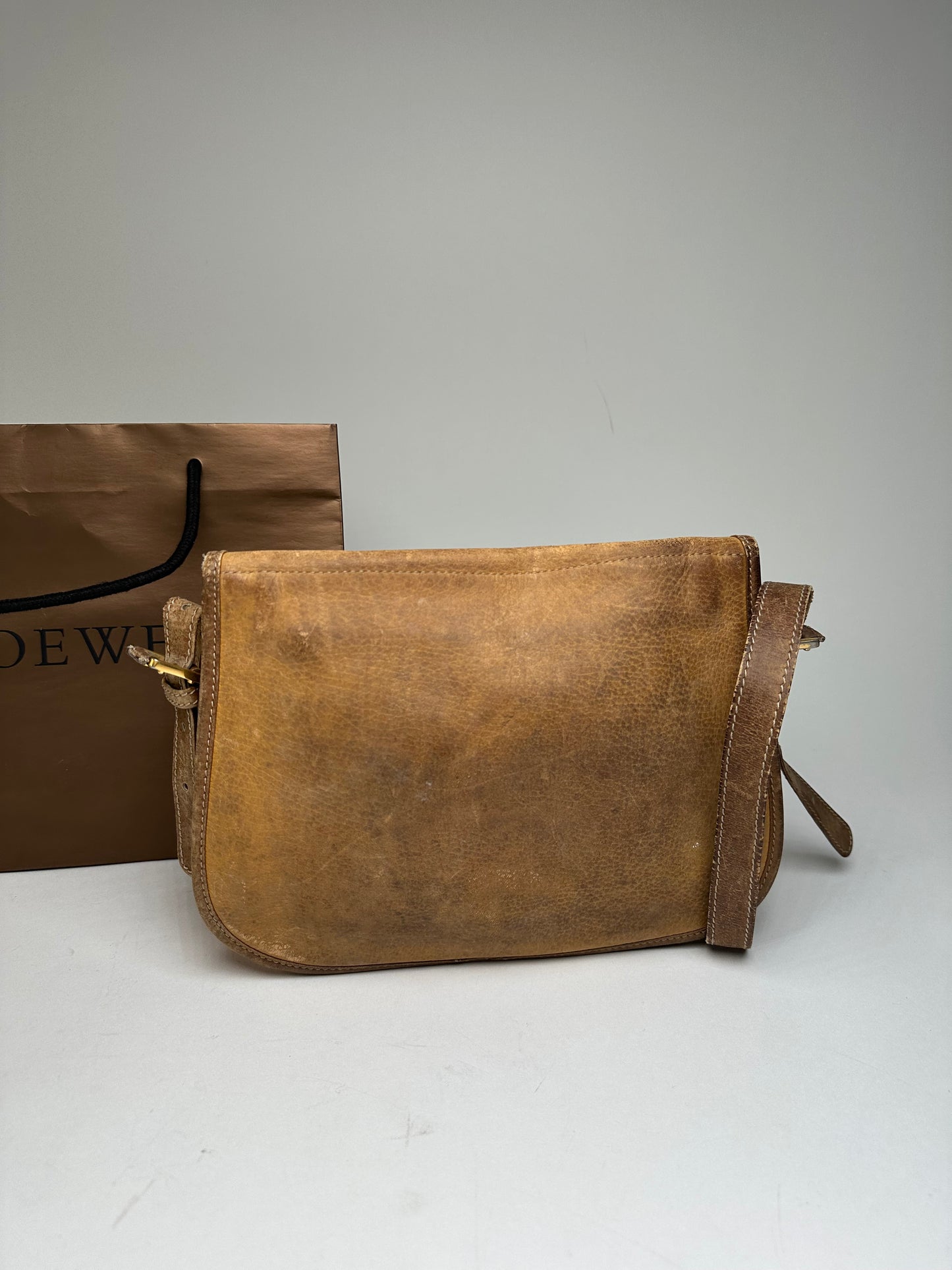 Vintage Loewe Anagram Leather Crossbody Shoulder Bag Brown