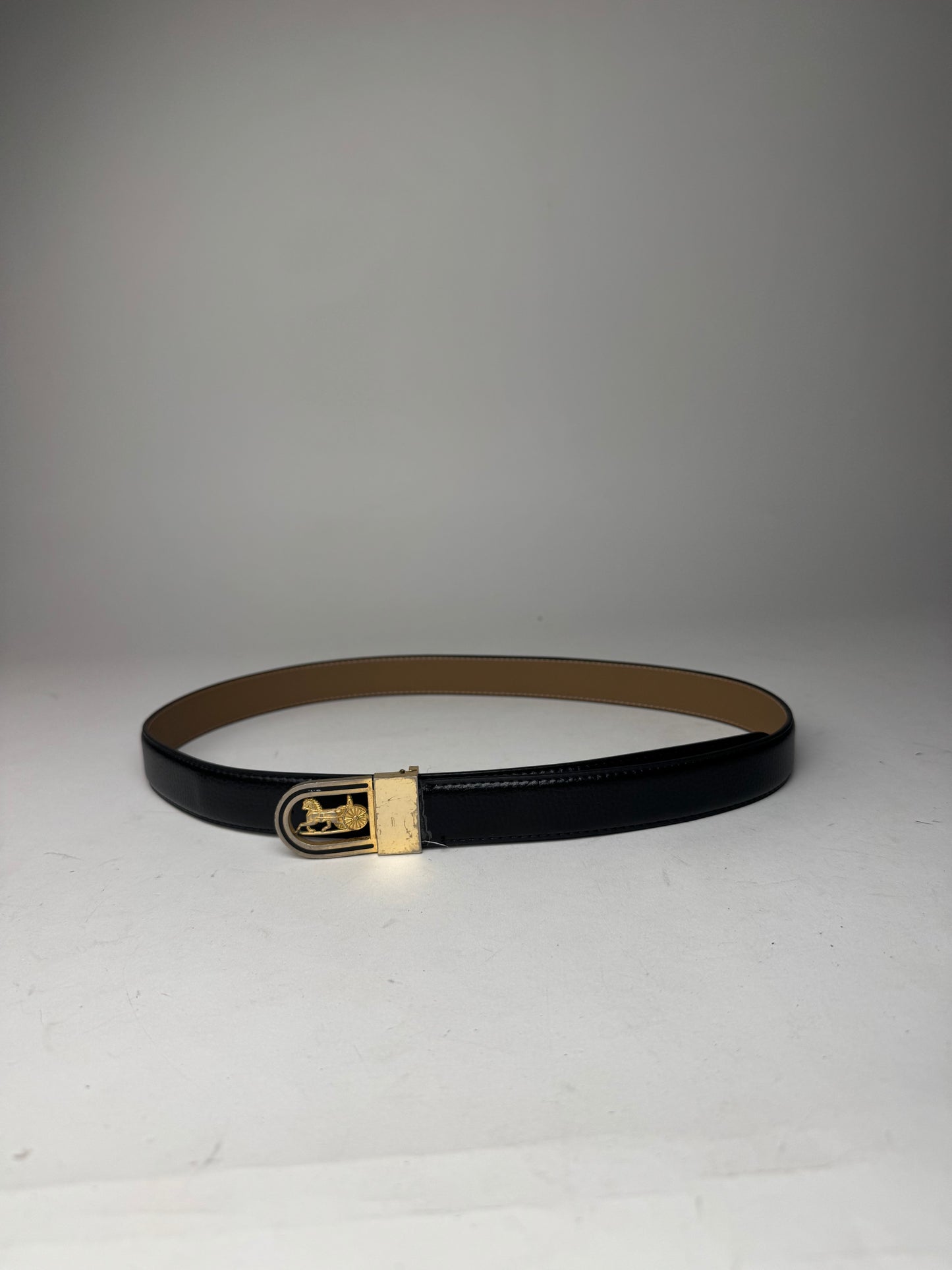 Vintage Celine Paris Carriage Logo Leather Belt Black
