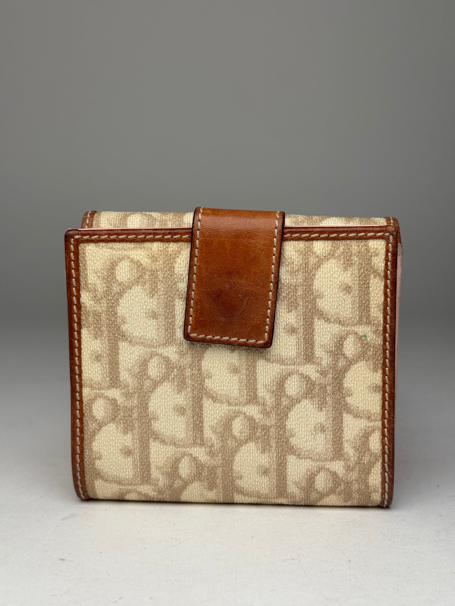 Vintage Dior Oblique Monogram Leather Wallet Beige Brown Pink