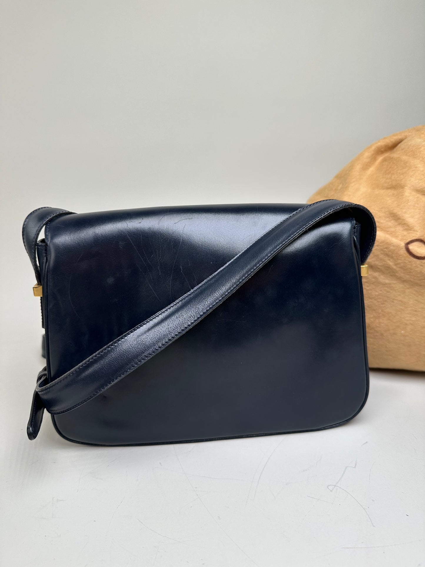 Vintage Celine Leather Shoulder Bag Navy White Gold