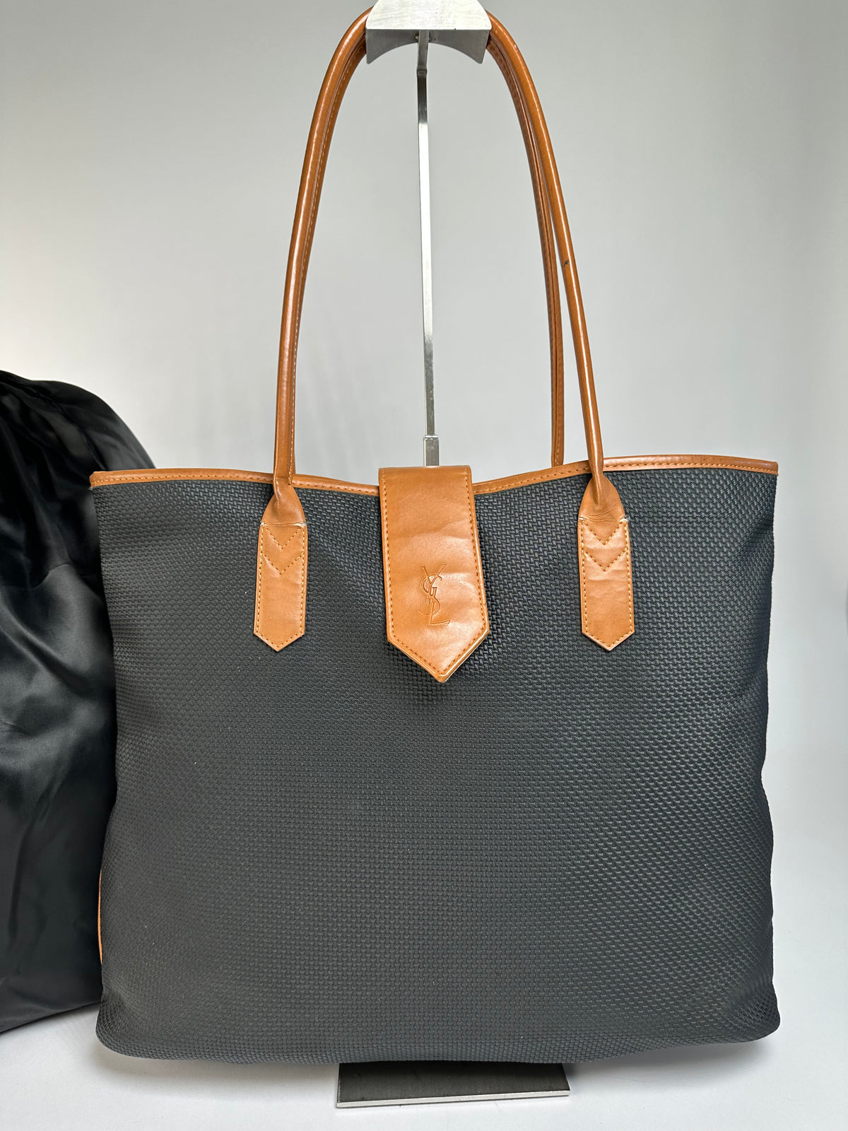 Vintage Yves Saint Laurent Canvas Leather Trim Tote Late 1990s Black Cognac