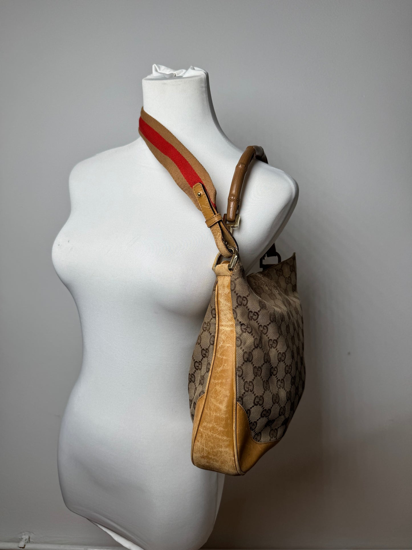 Vintage Gucci Monogram 2Way Bamboo Top Handle Bag Beige