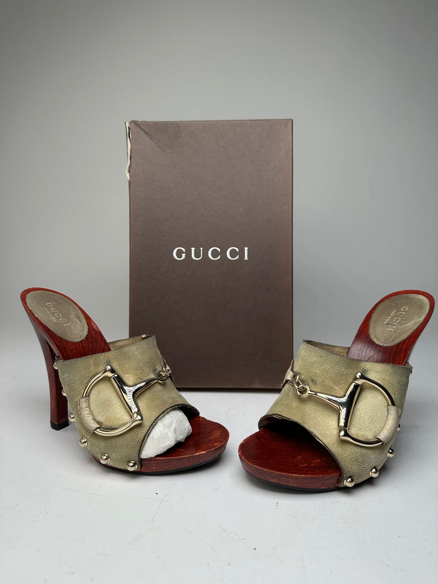 Vintage Gucci Suede Wood Horsebit Pumps Grey Brown EU35