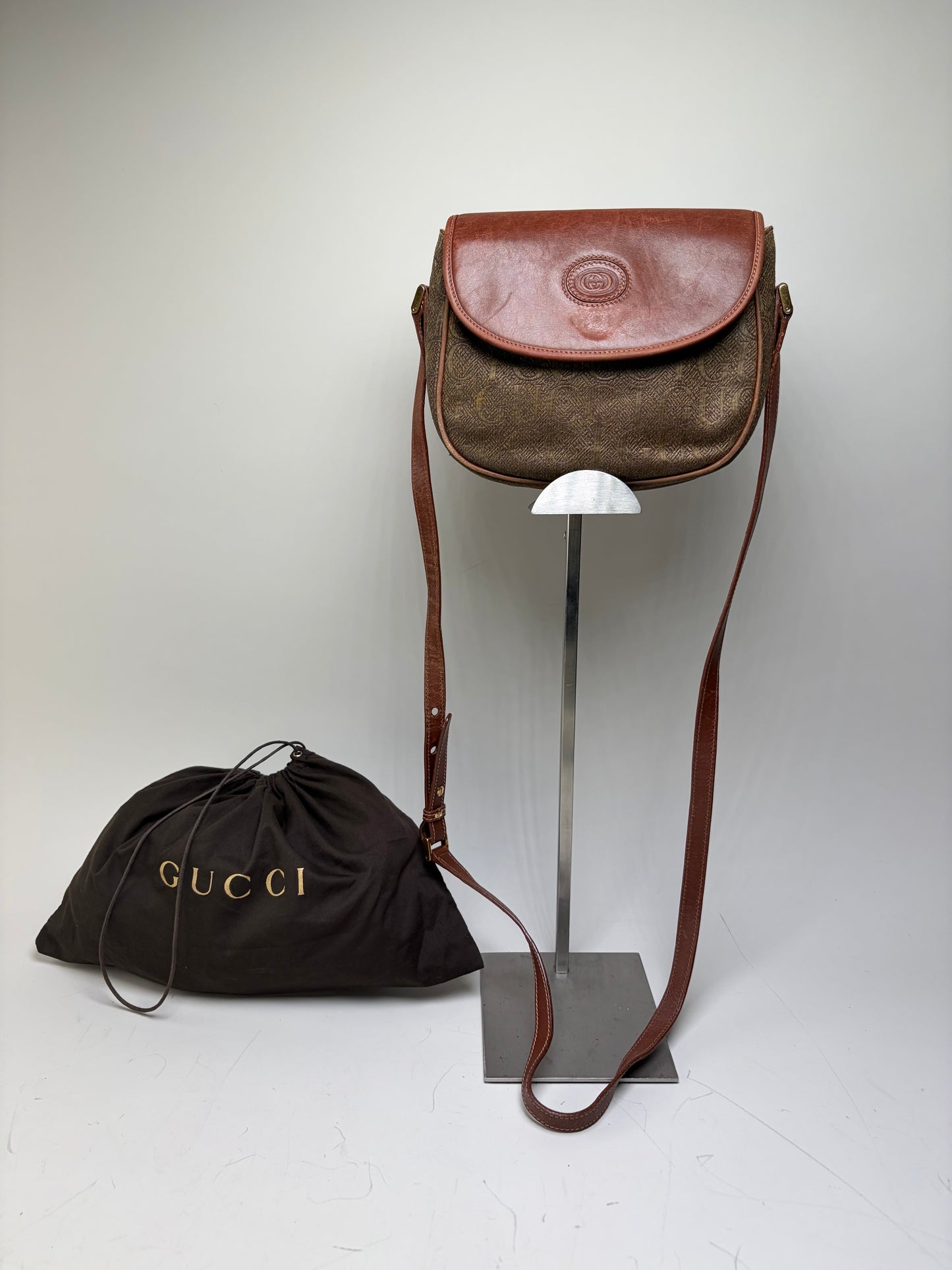Vintage Gucci Coated Canvas Crossbody Bag Brown Tan