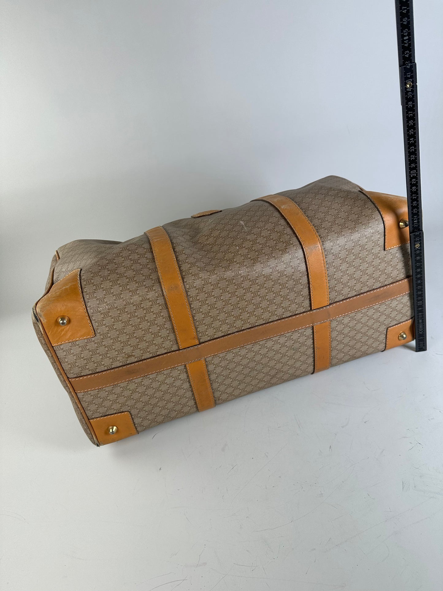 Vintage Celine Canvas Duffle Bag Beige Brown Gold