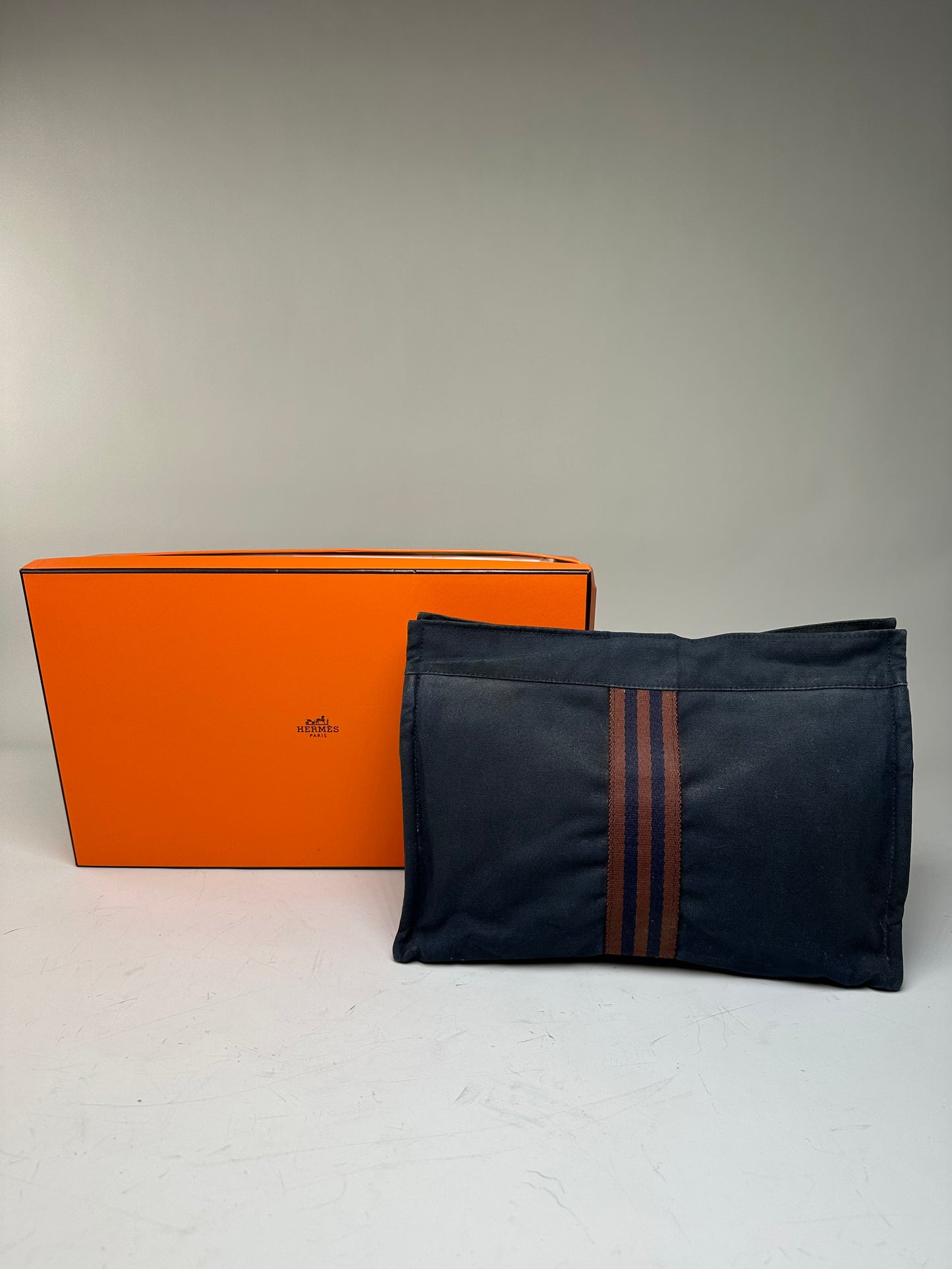 Vintage Hermes Cotton Travel Pouch Navy Brown Stripe Silver