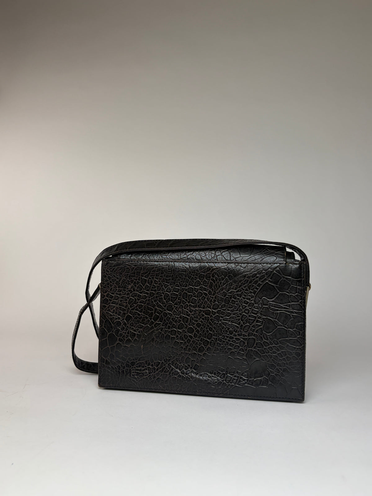 Vintage Versace Crocodile-Effect Flap Crossbody Bag Black Silver