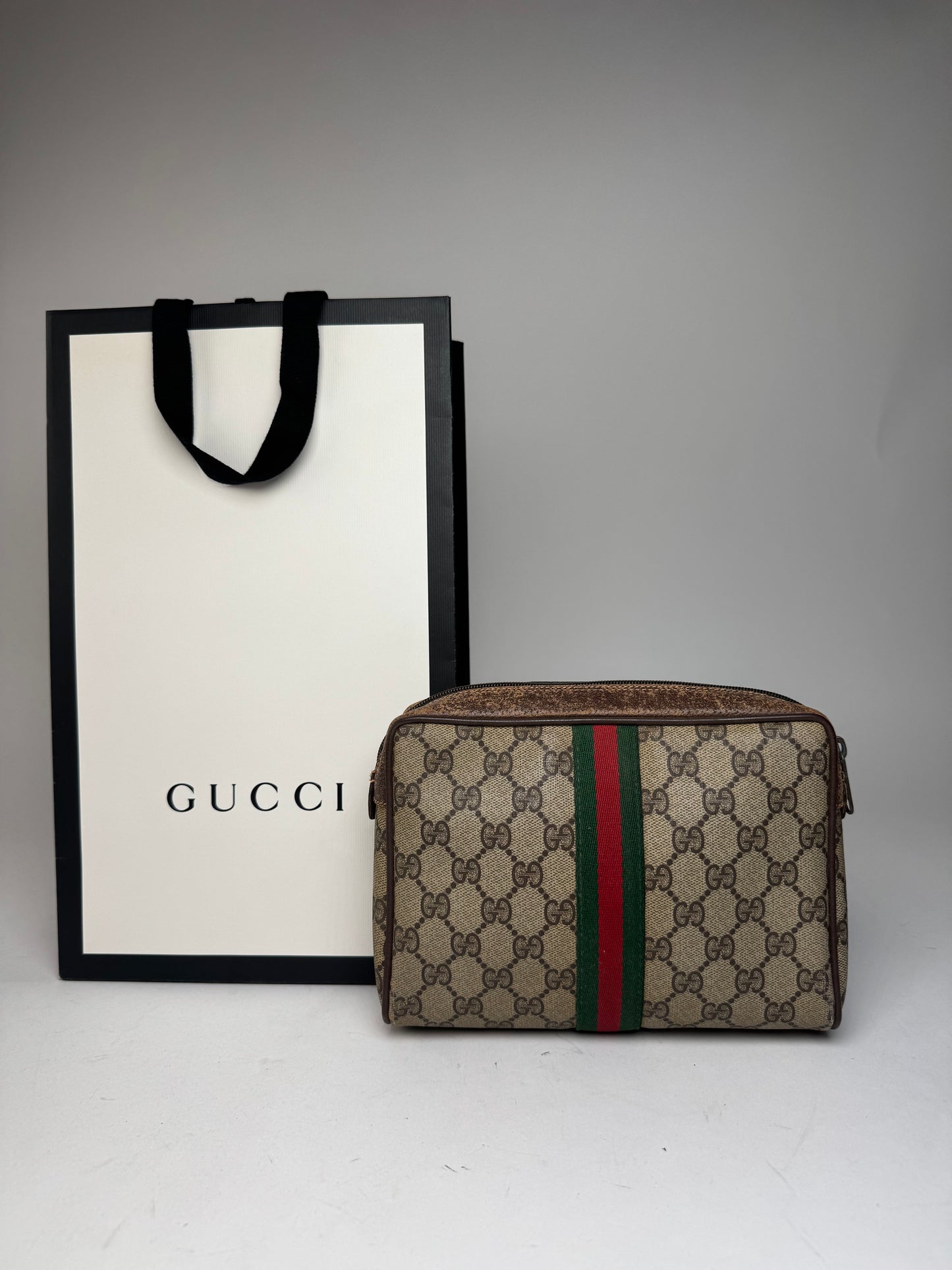 Vintage Gucci Ophidia Monogram Leather Clutch Grey Brown