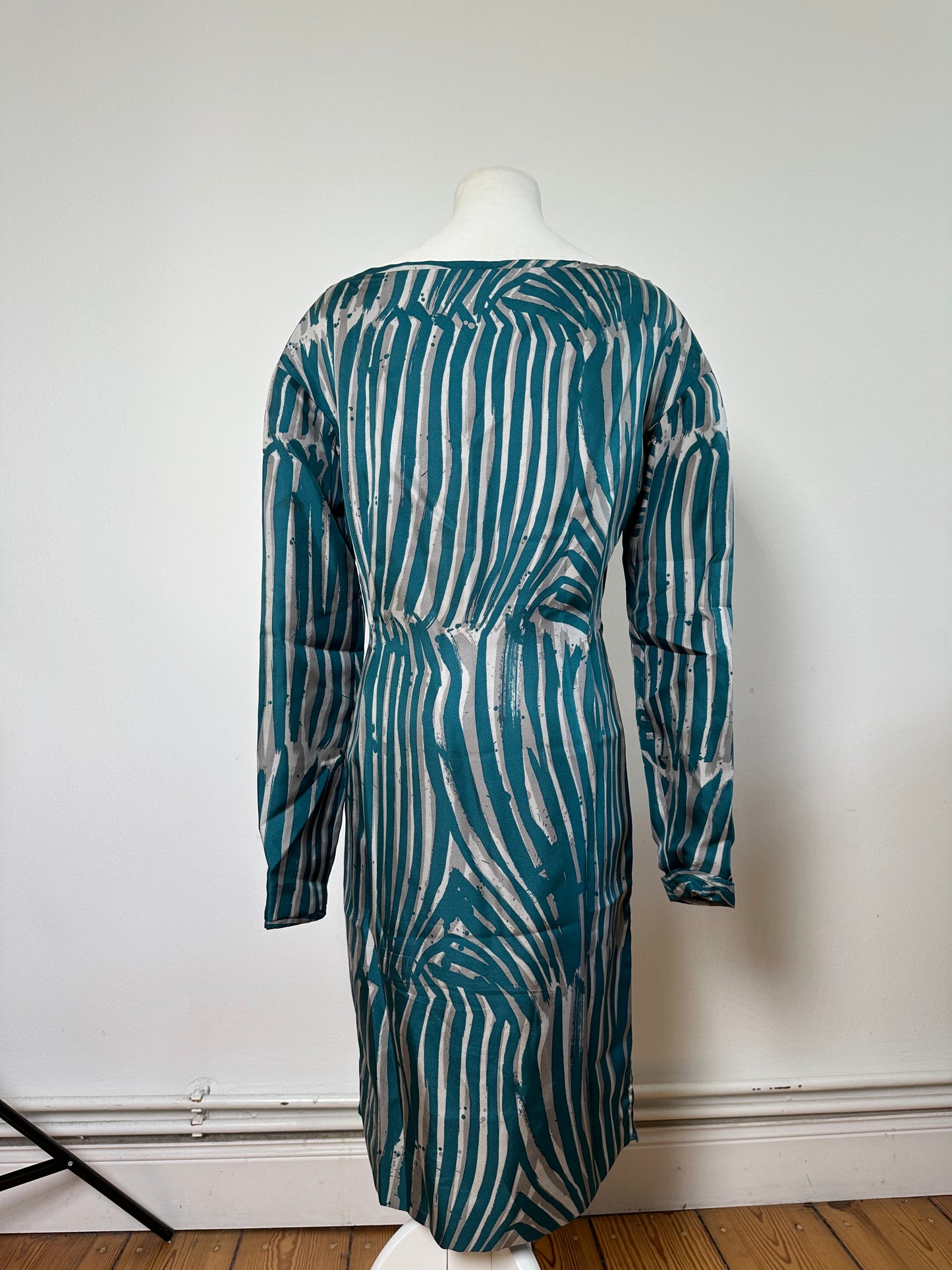 Vintage Loewe Silk Striped Dress Teal Silver M